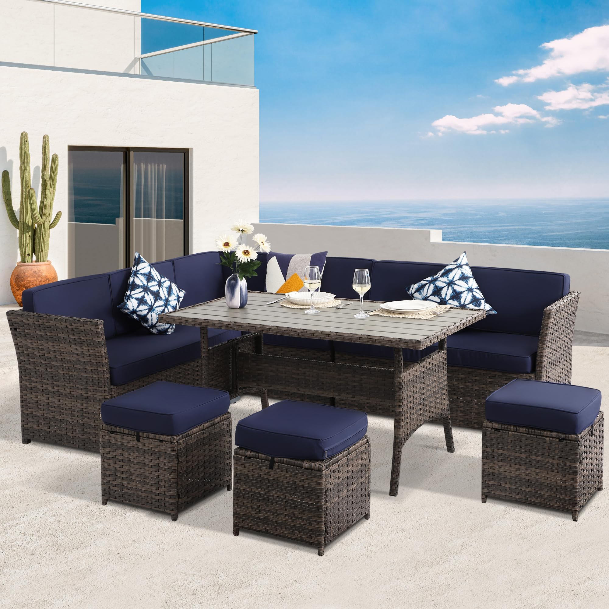 7-Piece All-Weather Outdoor Patio Furniture Set - Wicker Dining Table with Loveseat & Ottoman for Backyard, Garden, Poolside (Weather-Resistant & Durable)