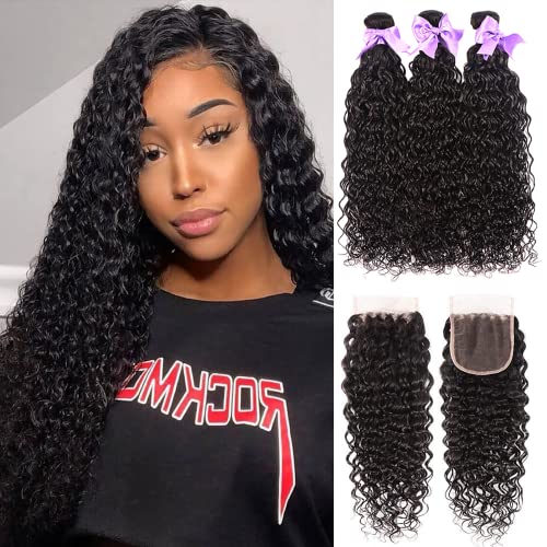 8A Brazilian Virgin Human Hair Water Wave Bundles with Closure - 100% Unprocessed Wet & Wavy Deep Curly 3 Bundles - Remy Hair Natural Black Color (10 12 14+10 Closure) - Perfect for Protective Styles, Weaves, and Natural-Looking Hair Extensions