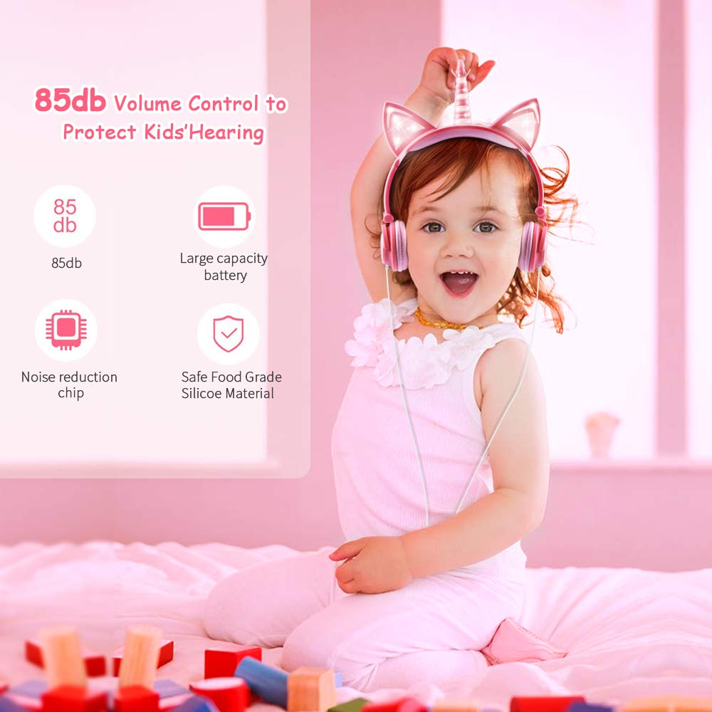 Unicorn Cat Ear Headphones for Kids - Wired On-Ear LED Headphones with 3.5mm Jack for Girls | Perfect for School, Travel & Phone Use