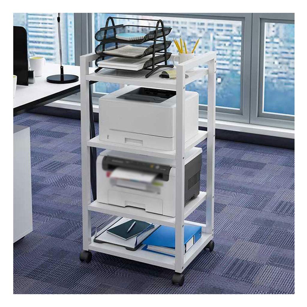 4-Tier Adjustable Mobile Printer Stand for Office & Home - White Storage Shelf for Fax Machine, Scanner & Office Supplies - Perfect for Living Room & Workspace Organization