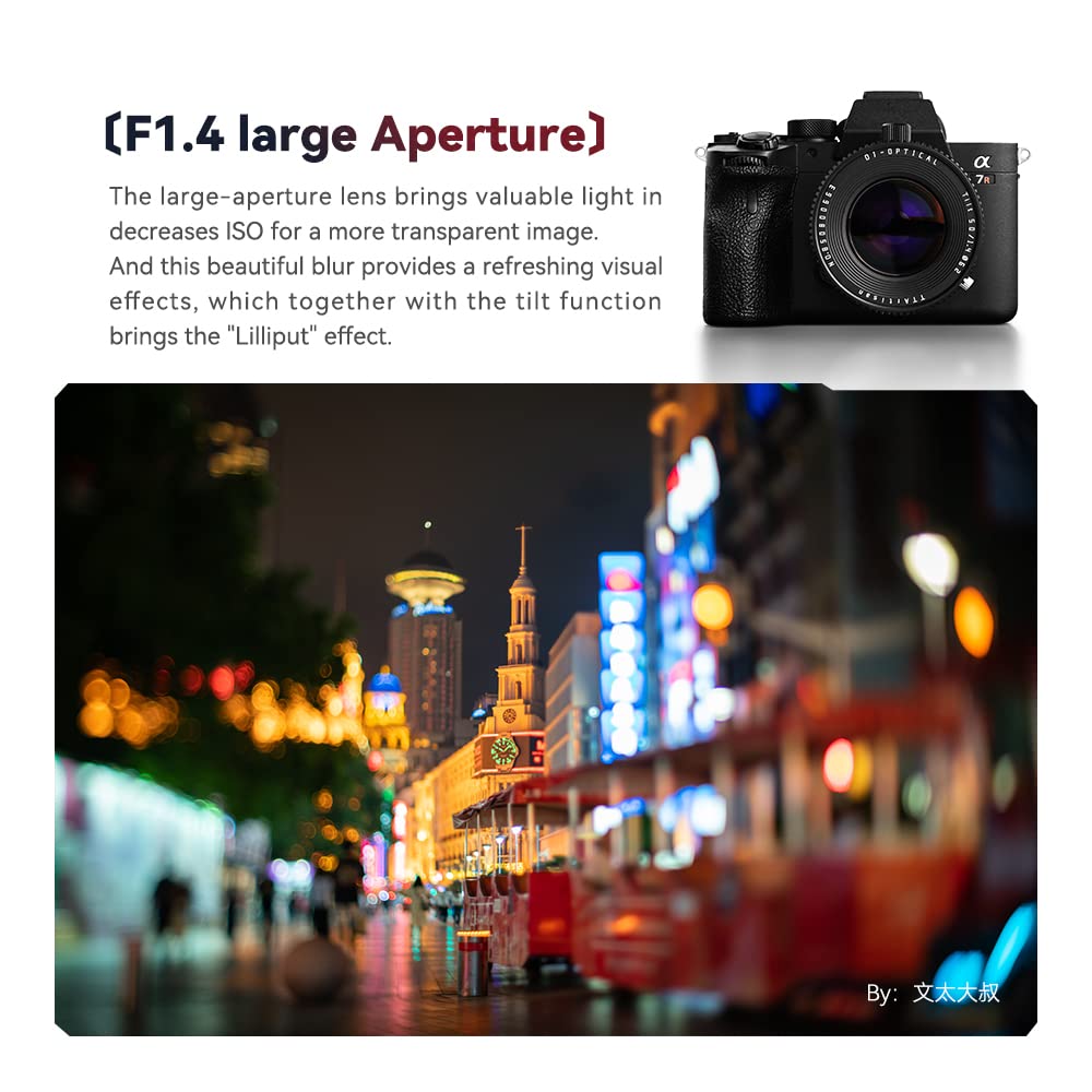 TTartisan TILT 50mm f1.4 APS-C Manual Focus Lens for Sony E Mount - Compatible with A7, A7II, A7R, A7S, A6000, ZV-E10, NEX Cameras - Perfect for Portrait, Street & Low Light Photography - Canadian Warranty Included