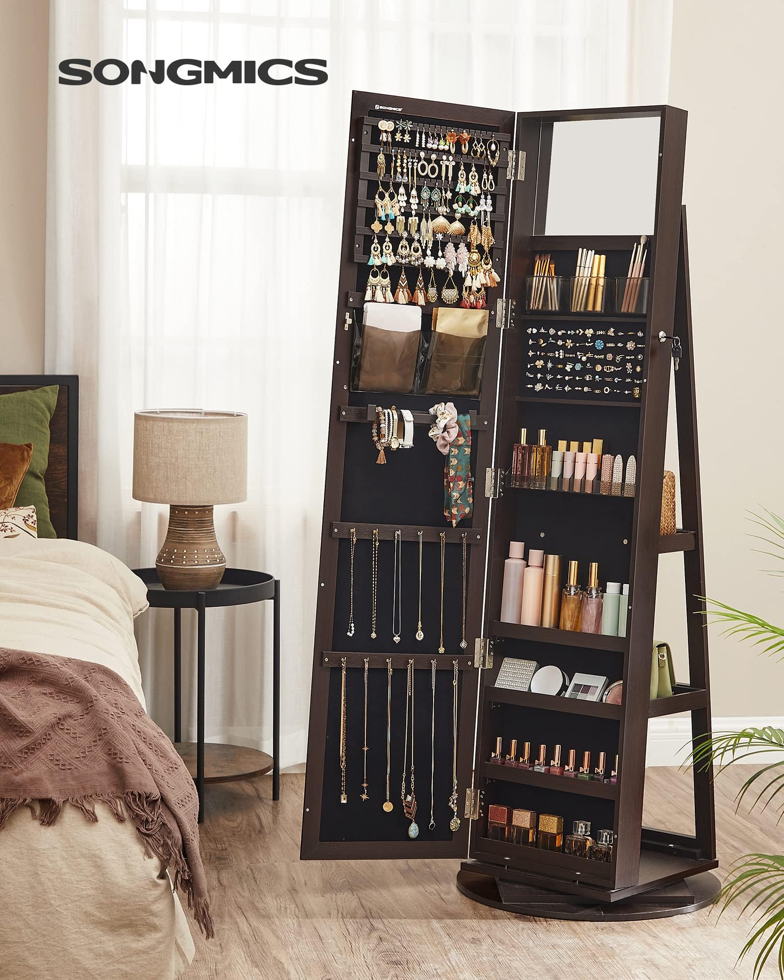 SONGMICS 360° Swivel Jewelry Cabinet with Lock - Full-Length Mirror Jewelry Organizer with Storage Shelves & Interior Mirror - Jewelry Armoire for Bedroom, Closet or Dressing Room - Brown UJJC006R01