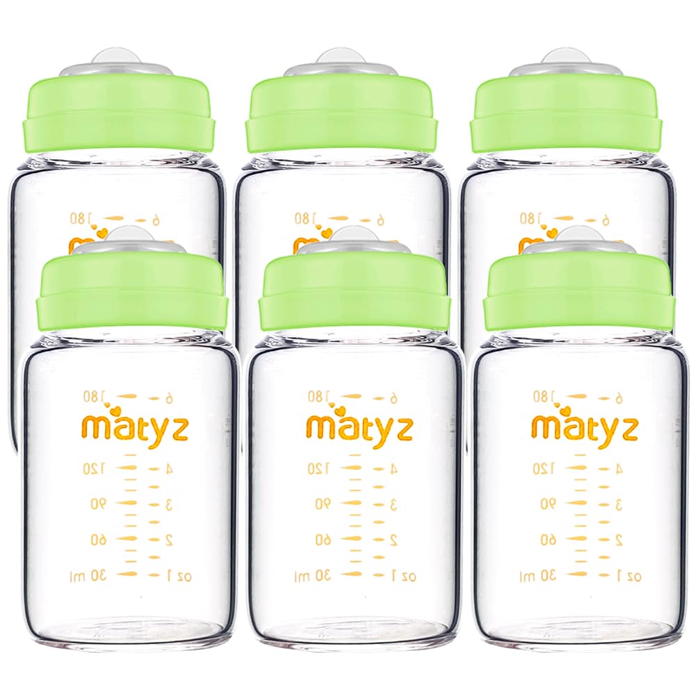 Matyz 6 Pack 6 oz Glass Breastmilk Storage Bottles - BPA-Free Wide Mouth Containers with Green Lids - Compatible with Spectra & Medela Breast Pumps - Perfect for Storing, Freezing & Warming Breast Milk - Ideal for Nursing Moms at Home or On-the-Go