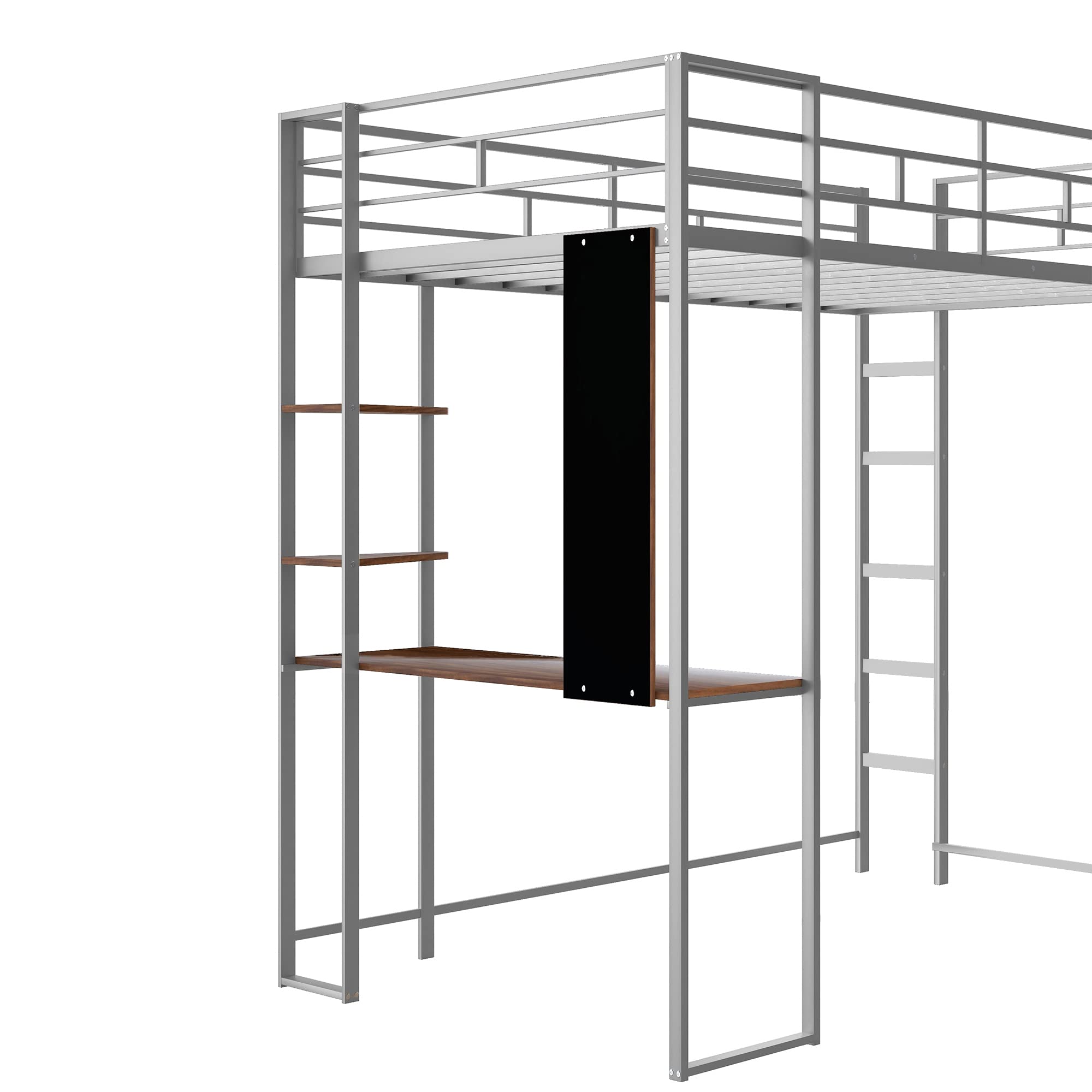 **Metal Loft Bed with Desk & Shelves - Twin Size Space-Saving Furniture with Guard Rails & Ladder - Kids Study & Sleep Solution (Silver) - Perfect for Small Bedrooms, Dorms & Apartments**