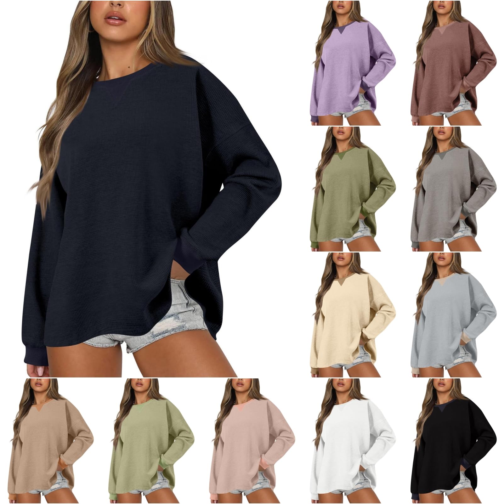 PVTOSD Women's Long Sleeve Crewneck Sweatshirt - Color Block Waffle Knit Loose Fit Casual Pullover Top (S-XXL) | Perfect for Fall Layering, Lounge Wear & Weekend Outfits