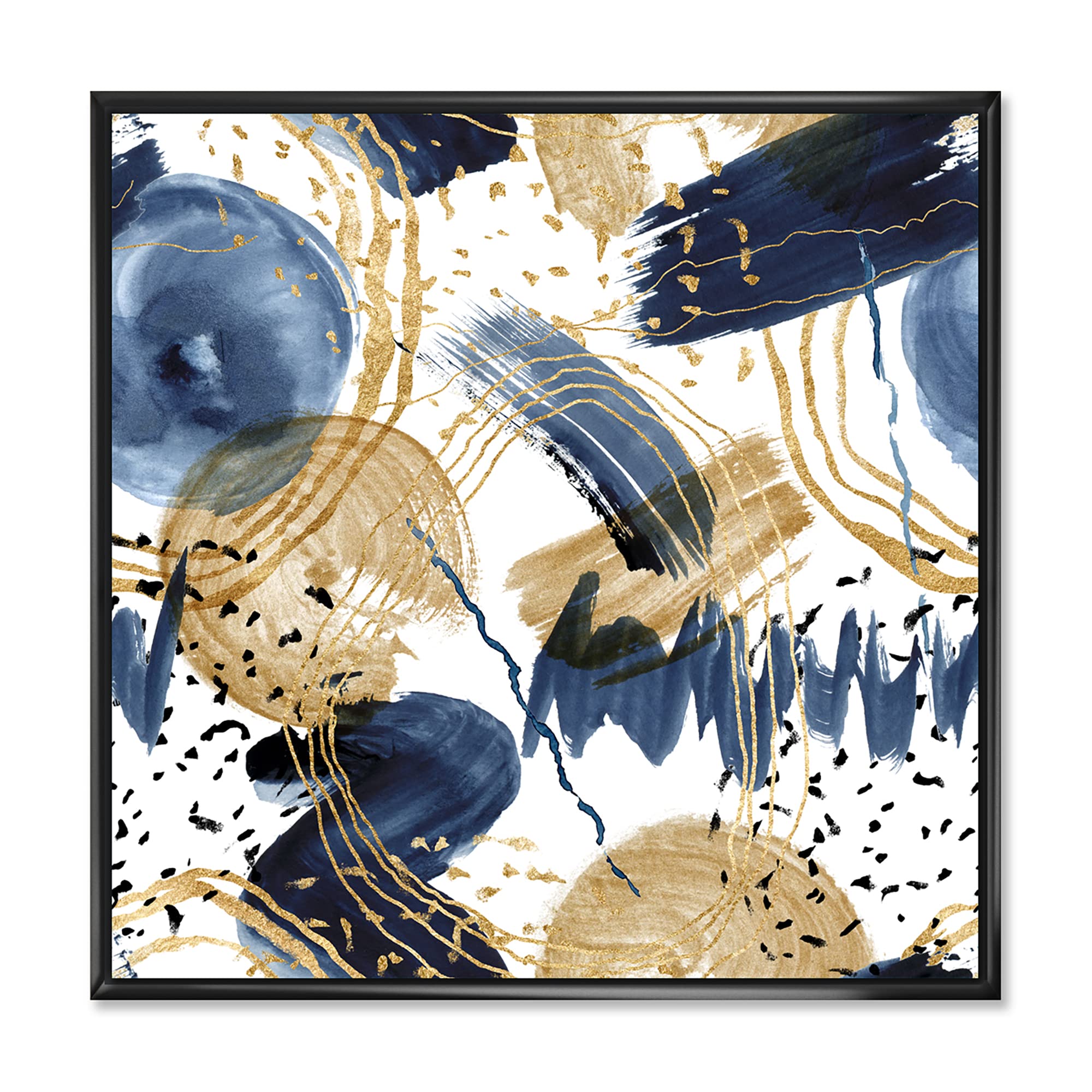 Abstract Pattern Dark Blue & Gold Framed Canvas Wall Art - Modern Home Decor for Living Room, Bedroom & Office