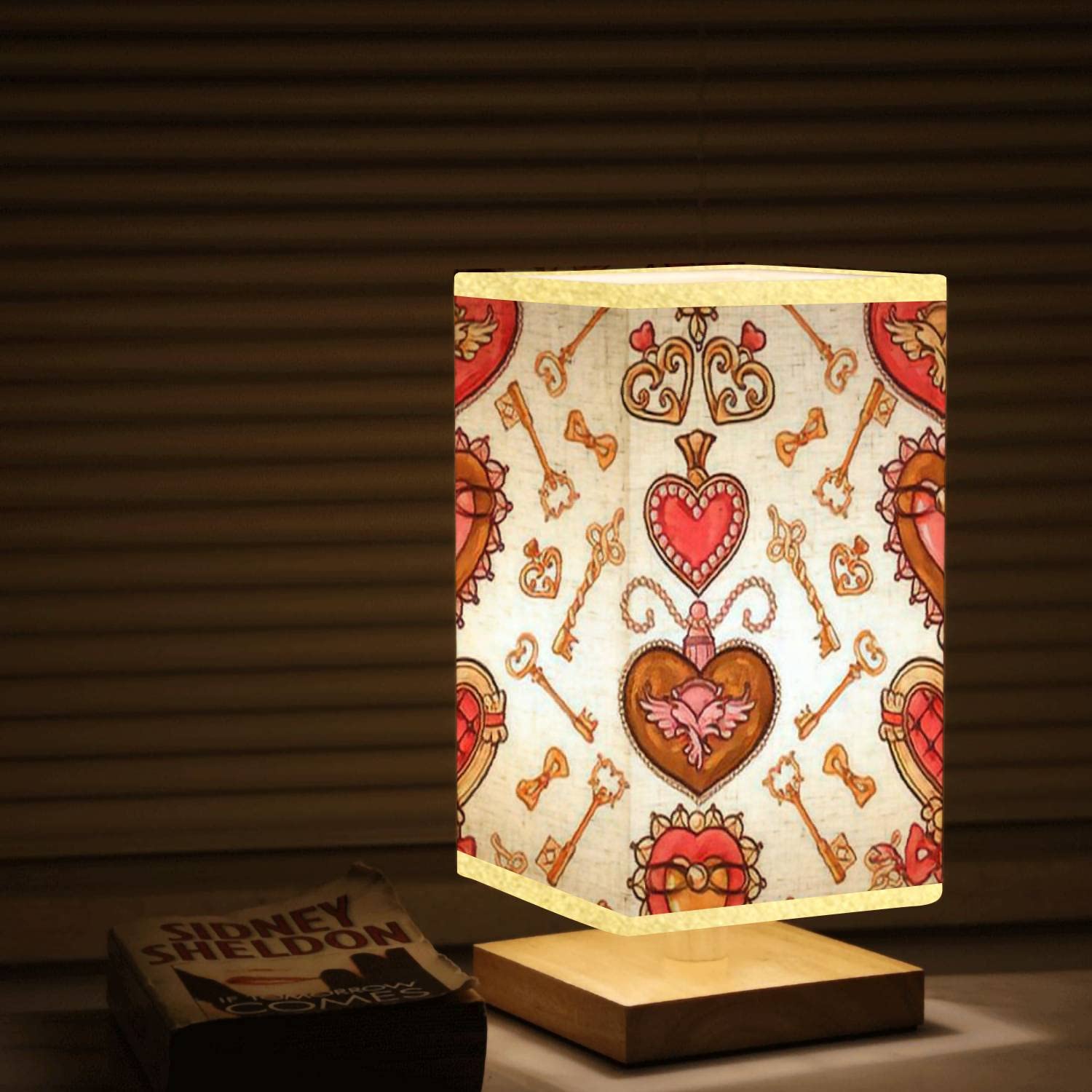 Valentine's Day Square Bedside Table Lamp with Hand-Drawn Hearts & Keys Design, Wooden Base & Flaxen Fabric Shade, Dimmable Nightstand Lamp for Bedroom, Living Room - Perfect for Romantic Decor, Cozy Reading & Ambient Lighting