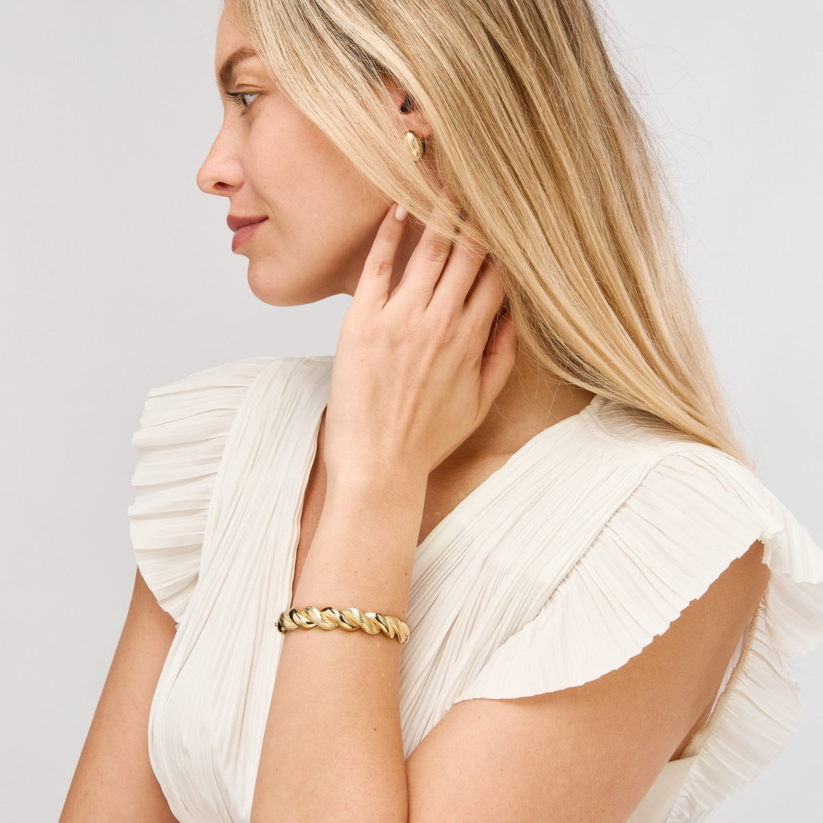 14K Yellow Gold Textured & Polished Twisted Bangle Bracelet for Women - Elegant Stackable Jewelry for Everyday Wear, Parties & Special Occasions