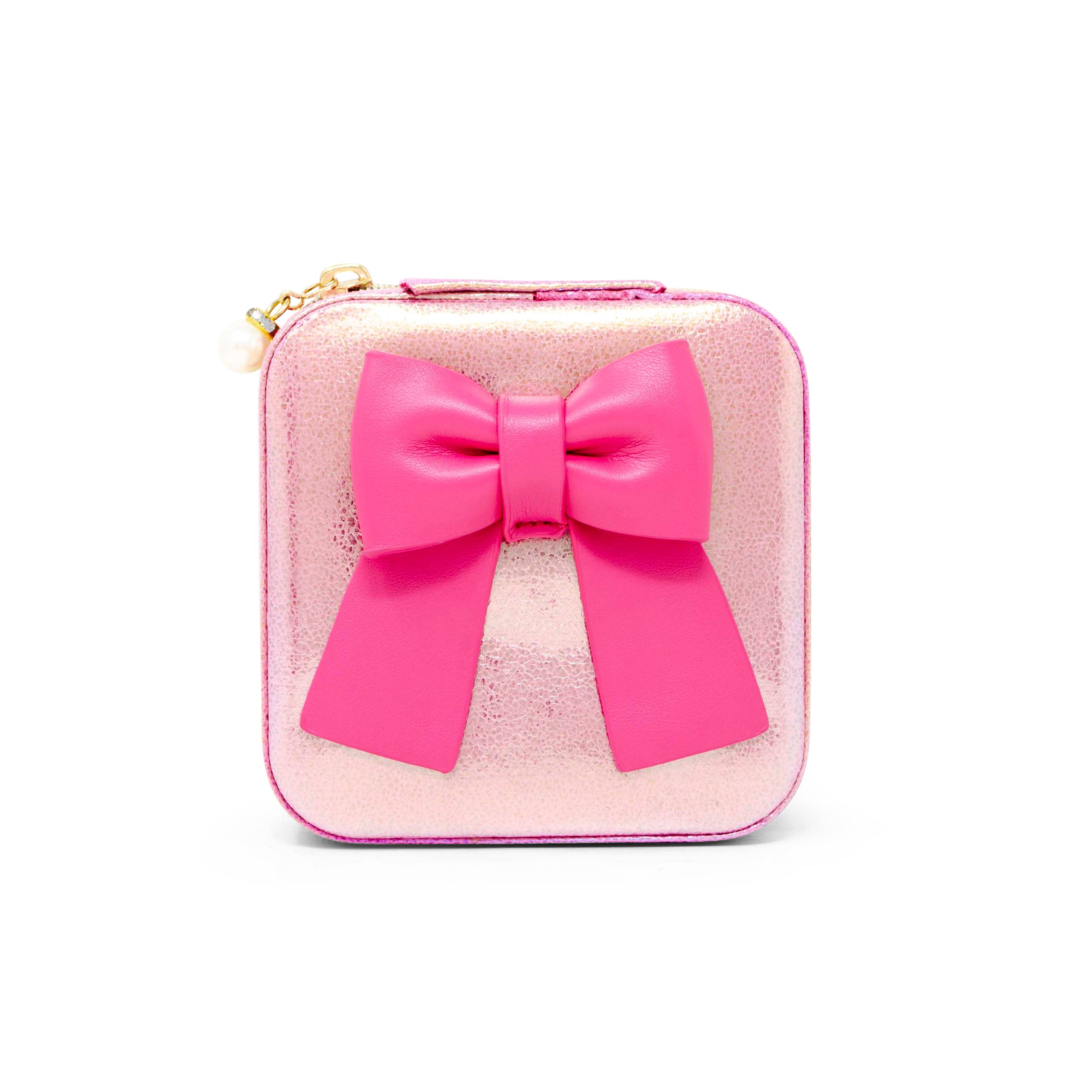 Shiny Jumbo Bow Jewelry Box - Pink Velvet Jewelry Organizer with Mirror | Perfect for Necklaces, Rings & Earrings Storage | Great Gift for Women & Girls | Bedroom, Bathroom & Travel Use