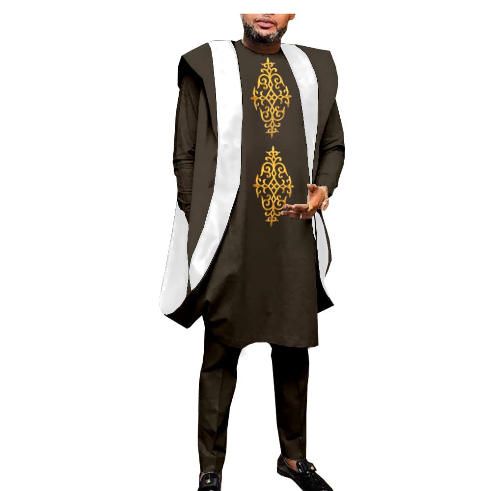 Authentic African Men's Dashiki Outfit - 3 Piece Set with Embroidery Agbada Robe, Shirt & Pants | Plus Size Traditional African Clothing for Weddings, Parties & Cultural Events