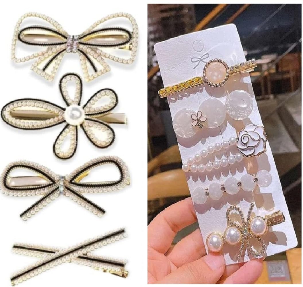 Korean Fashion Pearl Rhinestone Metal Hair Clips - Stylish Hair Accessories for Women & Girls (10Pcs Black & White) - Perfect for Parties, Weddings & Daily Wear