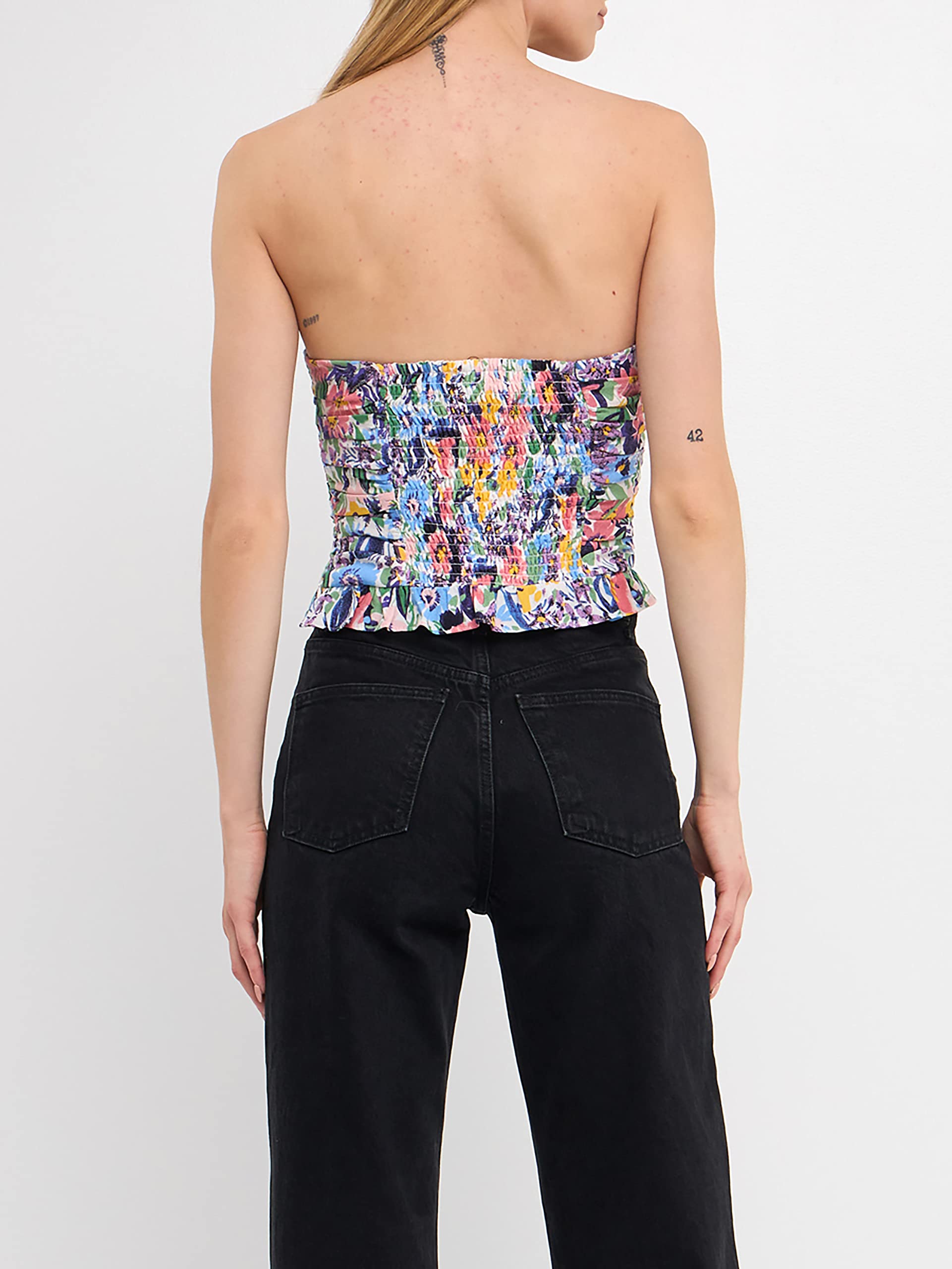 Endless Rose Women's Floral Print Ruched Strapless Top - Sexy Summer Blouse for Date Night & Beach Vacation