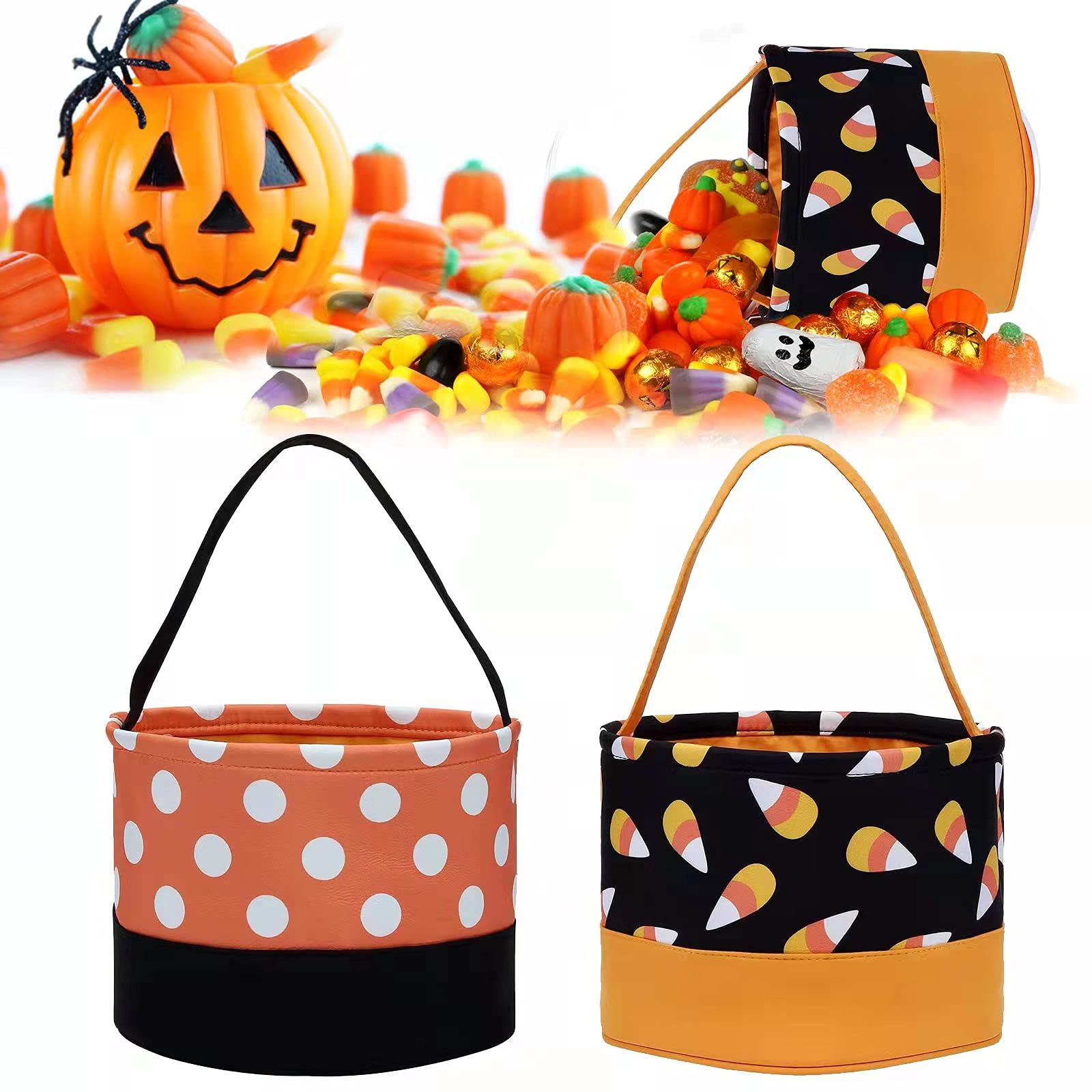 2PCS Halloween Trick or Treat Buckets - Pumpkin Candy Basket & Reusable Tote Bags for Kids - Halloween Party Supplies & Goody Bags for Trick or Treating, School Events & Costume Parties