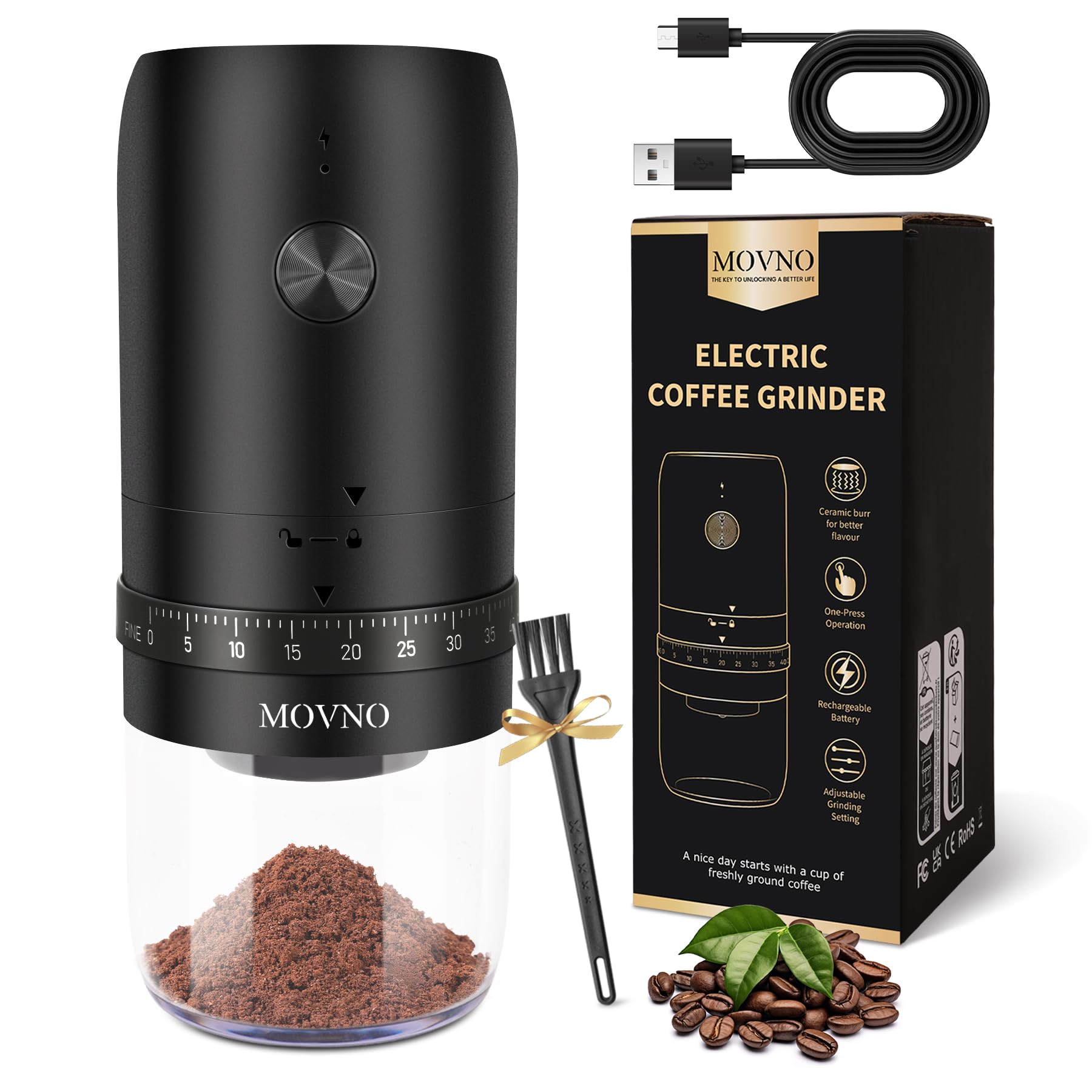 MOVNO Portable Electric Burr Coffee Grinder - Cordless, 40 Adjustable Settings, 1800mAh Battery, Ceramic Conical Burr for Fresh Ground Coffee - Perfect for Travel, Camping, Home, Office & Espresso Brewing