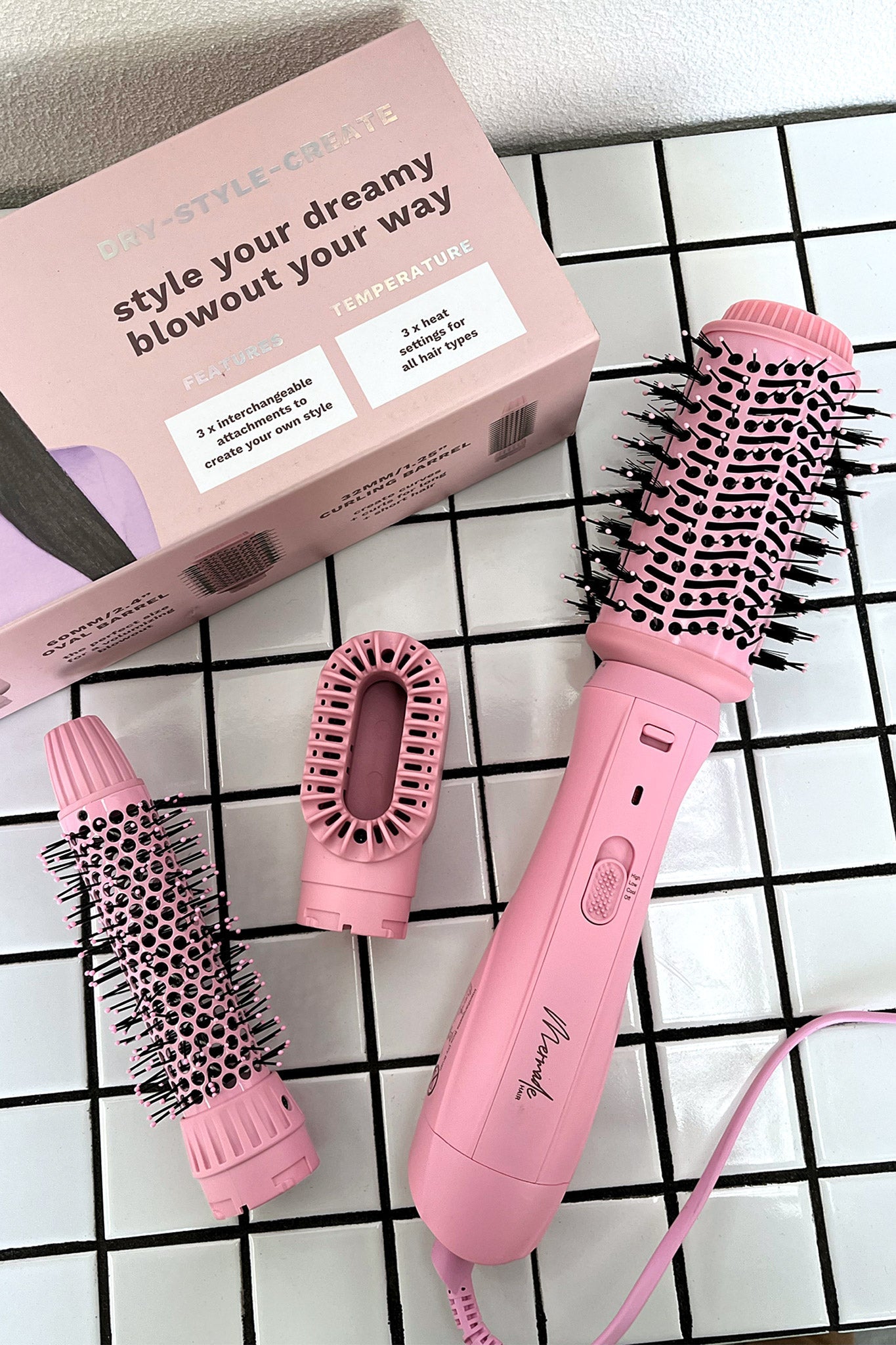 Mermade Interchangeable Blow Dryer Brush - Pink Hair Styling Tool for Smoothing & Volumizing - Perfect for Home Salon Styling & Travel