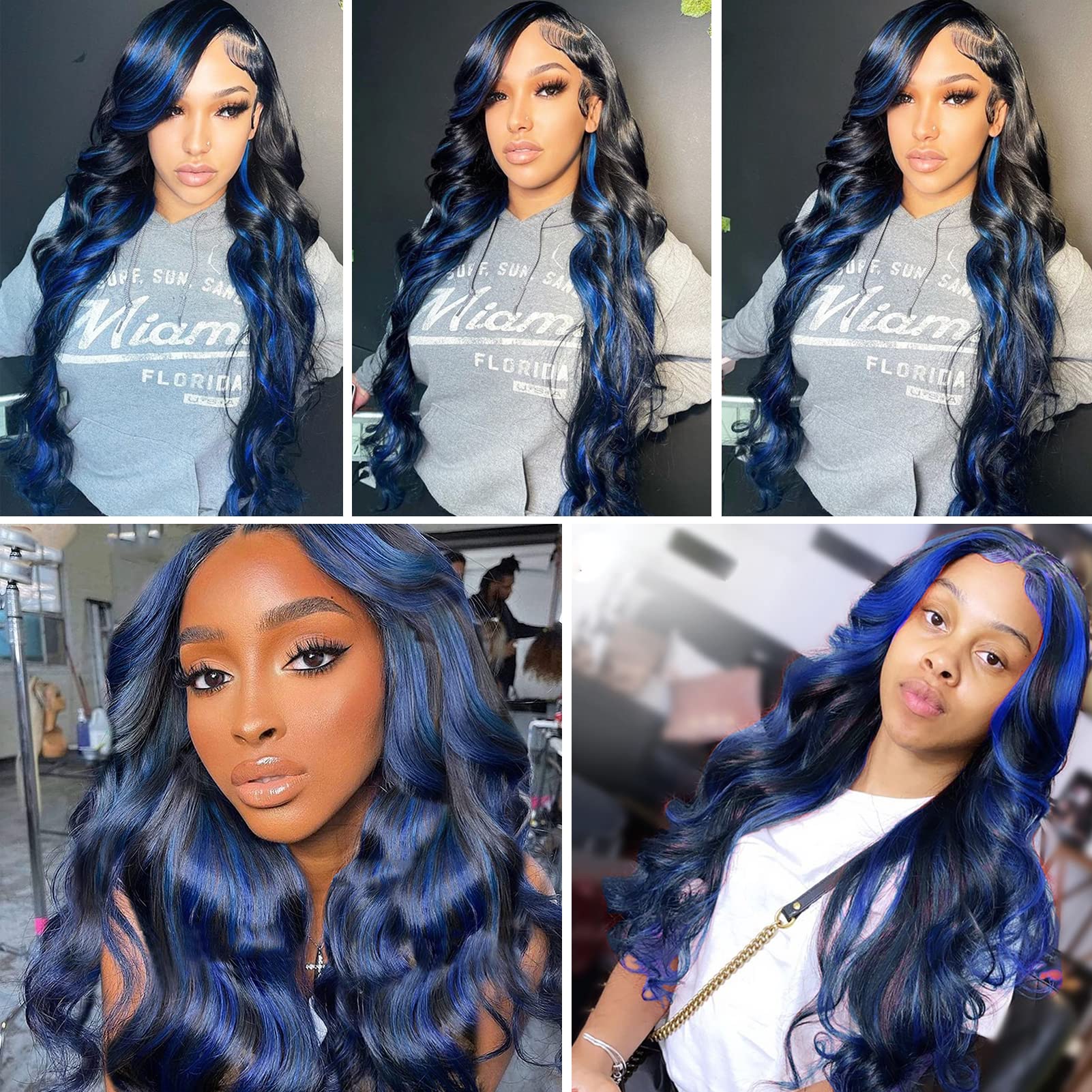 BLG 20 Inch Blue Lace Front Wigs Human Hair - 180% Density Highlighted Pre-Plucked Skunk Stripe Wigs for Women | Glueless Colored Human Hair Lace Wig | Perfect for Cosplay, Parties & Fashion Styling