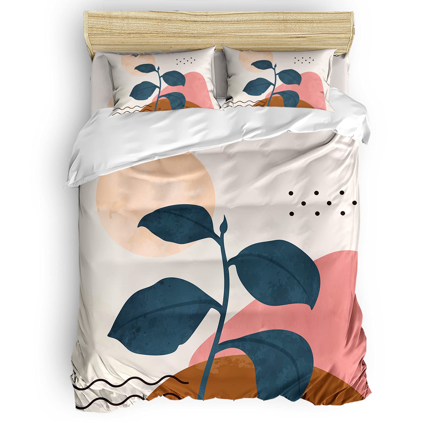 Fandim All Season King Size Duvet Cover Set - 4 Piece Modern Abstract Mid Century Plant Leaves Design, Premium Soft Bedding with Zipper Closure & Ties (Comforter Not Included) | Perfect for Master Bedroom, Guest Room & Vacation Home Decor