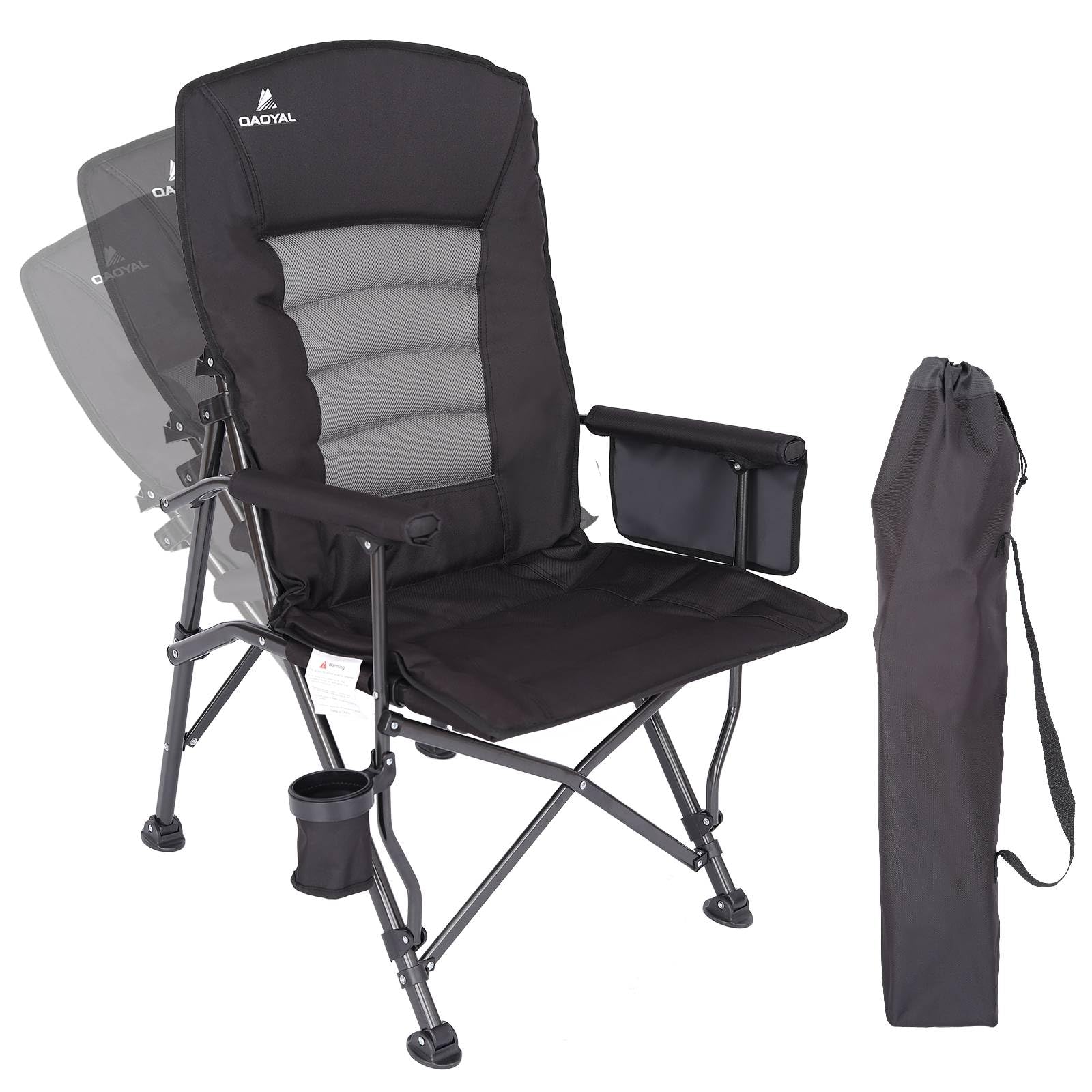 Heavy Duty Oversized Folding Camping Chair for Adults - 350lbs Capacity, Adjustable High Backrest with Cup Holder & Side Pocket - Portable Outdoor Folding Chair for Camping, Beach, Backyard, Picnics & Tailgating (Black)