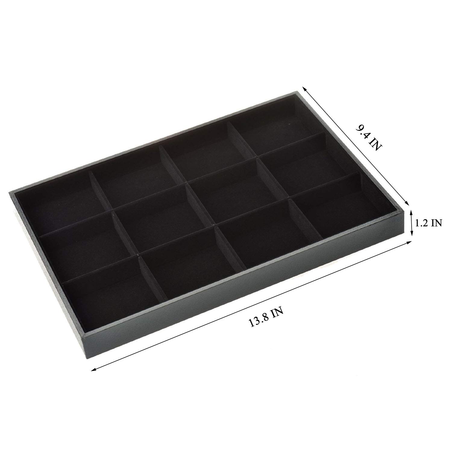 Black Velvet Stackable 12-Grid Jewelry Organizer Tray - Elegant Display Case for Gemstone Pendants, Diamond Rings & Necklaces - Modern Vanity Storage Box for Women - Perfect for Closet Organization, Dresser Decor & Jewelry Showcase