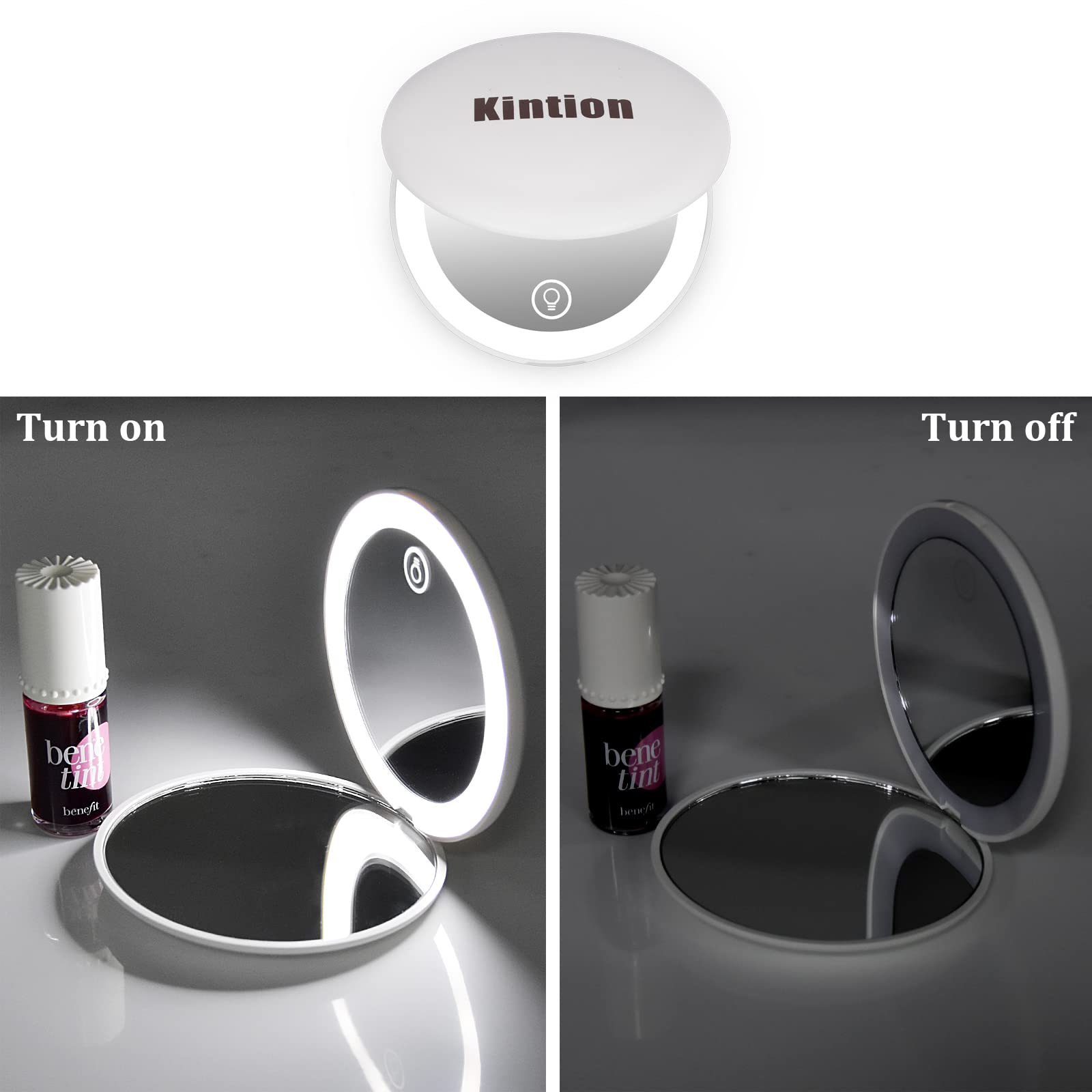 Kintion Rechargeable LED Compact Mirror with Light - 1X/10X Magnification, 2-Sided Folding Travel Makeup Mirror, Portable Pocket Mirror for Women, Perfect Gift (White) | Ideal for Travel, Home, Office & On-the-Go Touch Ups
