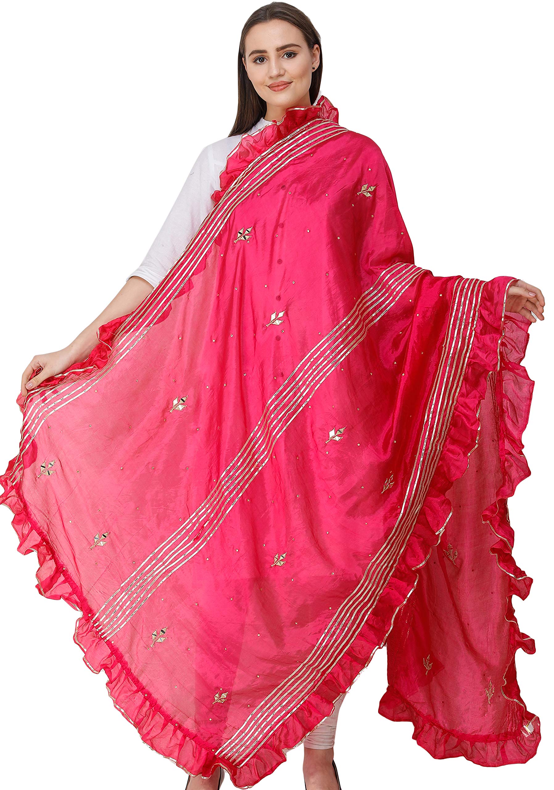 Exotic Indian Dupatta from Amritsar - Gota Patches & Frill Border Art Silk Scarf | Perfect for Weddings, Festivals & Ethnic Outfits