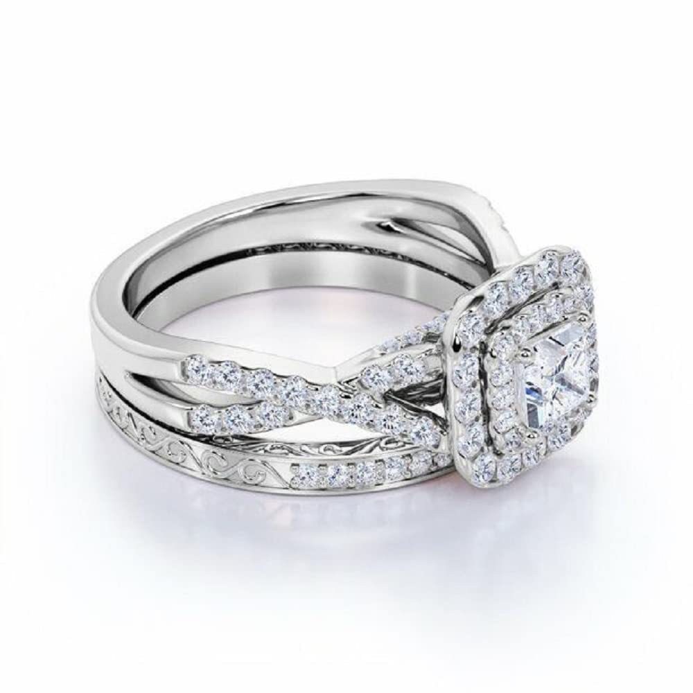 Princess & Round Cut White Diamond 925 Sterling Silver 14K White Gold Overlay Engagement Ring Set for Women - Perfect for Bridal, Wedding, Anniversary & Proposal Gifts