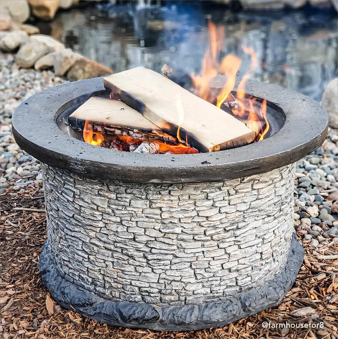**Sunjoy 32-Inch Outdoor Fire Pit - Round Stone Wood-Burning Fire Pit with Mesh Spark Screen & Fire Poker - Brown & Gray - Perfect for Patio, Backyard & Camping**