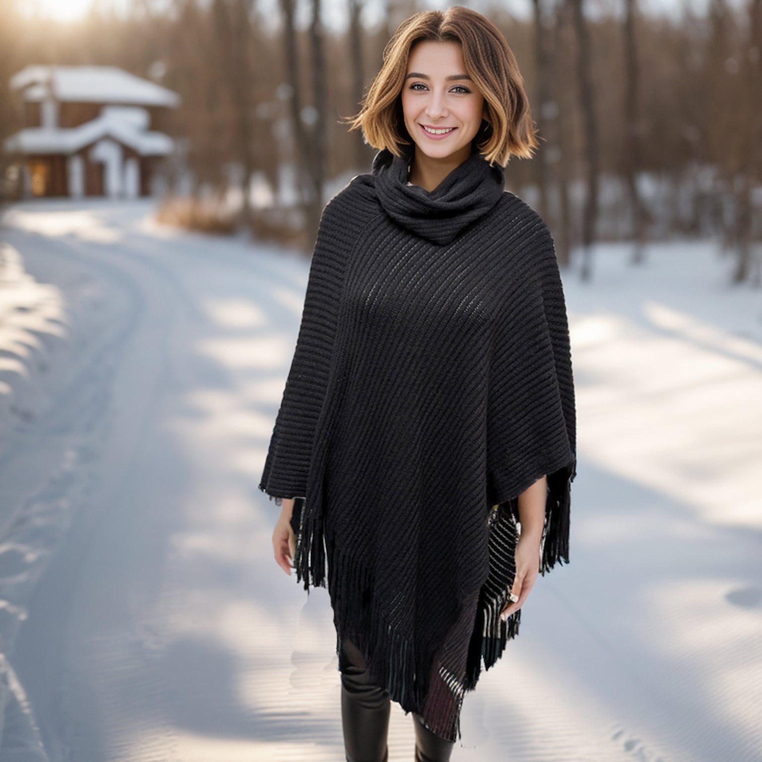 Relovo Women's Knitted Poncho with Collar - Soft Winter Cape Shawl Wrap for Casual Outfits & Office Wear (Black)