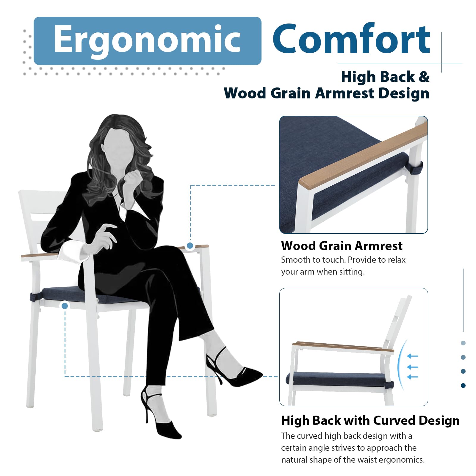 JOIVI 4-Piece Patio Aluminum Chair Set - Stackable Outdoor Dining Chairs with Armrests & Cushions for Garden, Backyard, Lawn - Navy Blue Indoor/Outdoor Use for Kitchen, Poolside, Deck & Restaurant