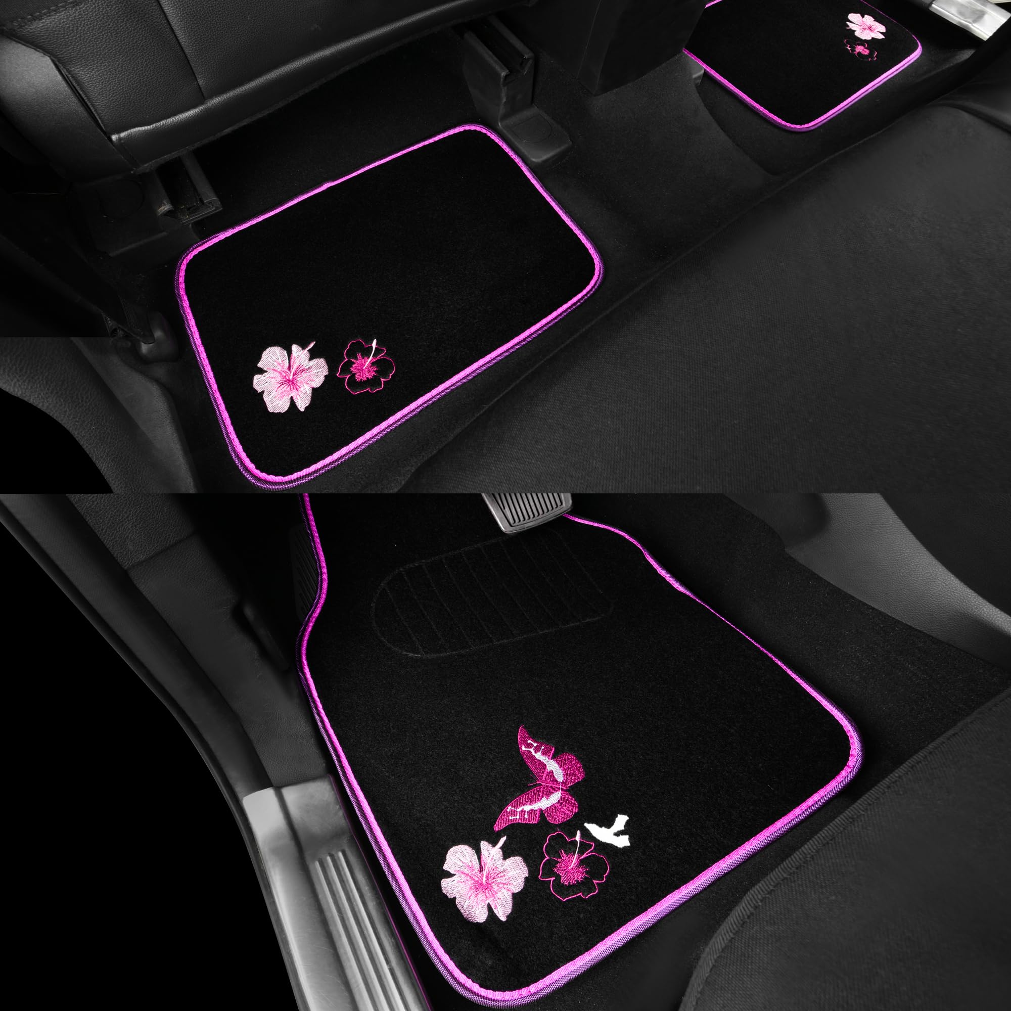 Universal Cloth Butterfly Car Seat Covers Full Set - Waterproof Embroidered Flower Car Floor Mats & Steering Wheel Cover - Black and Pink Interior Accessories for Sedan, SUV, Minivan | Perfect for Daily Commute, Road Trips & Car Protection