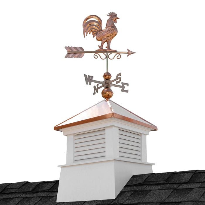18 Square Manchester Vinyl Cupola with Rooster Weathervane - Decorative Roof Top Weathervane for Barn, Shed, or Gazebo - Perfect for Farmhouse, Cottage, and Rural Home Decor