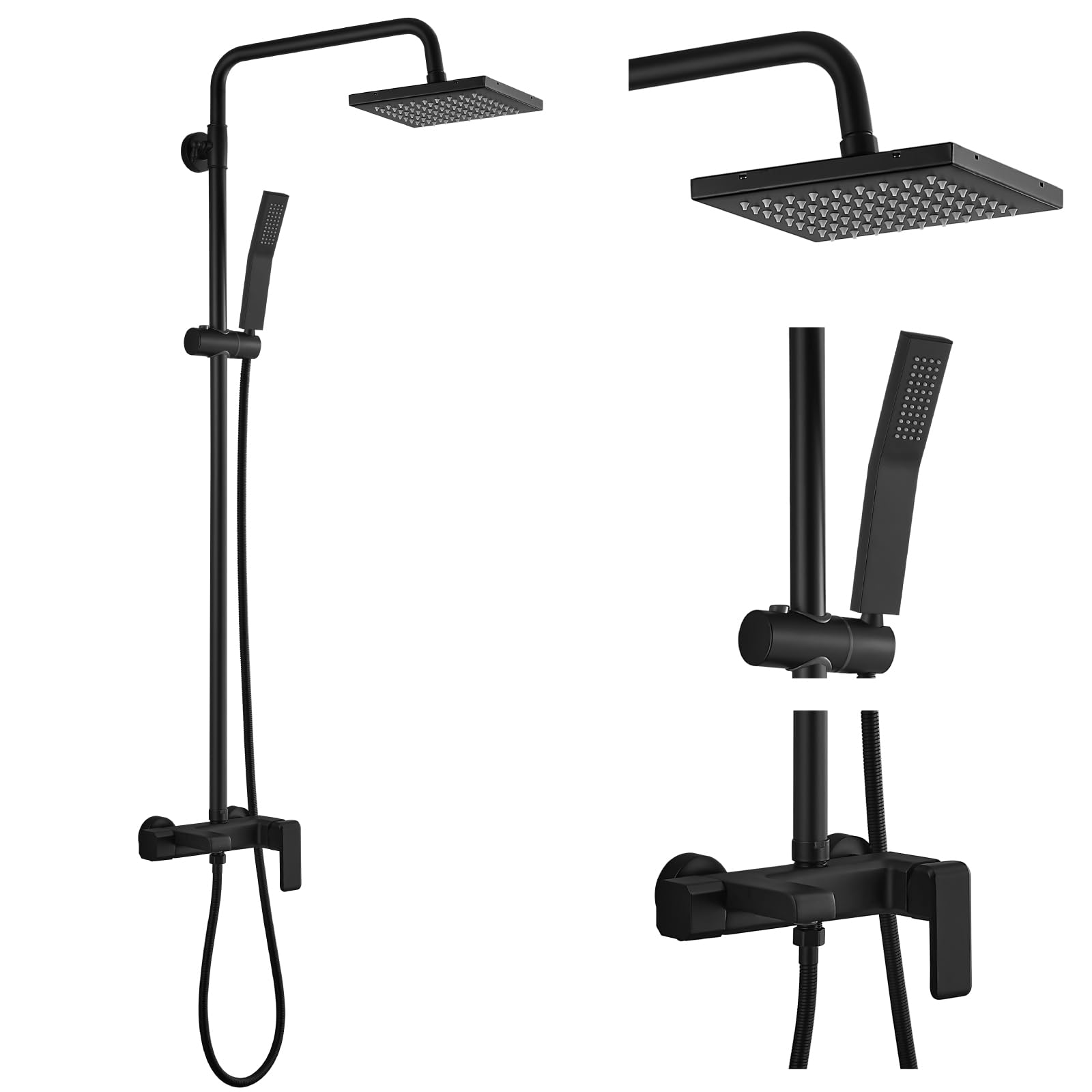 Matte Black Exposed Shower System Set - 8 Inch Rain Shower Head with Single Handle & Triple Function Tub Spout - Complete Bathroom Faucet Fixture Combo for Modern Home Renovation (Perfect for Master Bath, Guest Bath & Spa-Like Shower Experience)