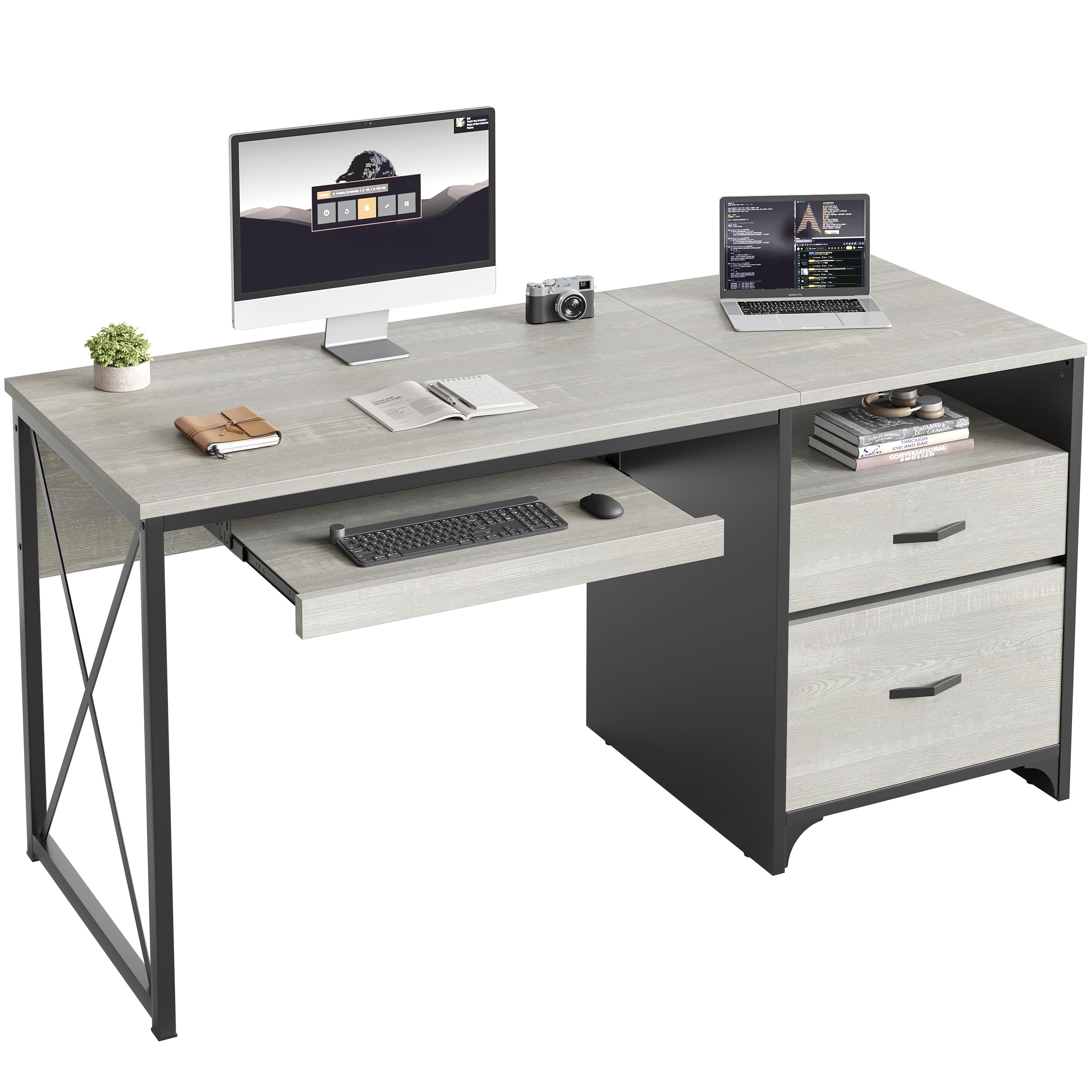 Bestier 55 Inch Industrial Office Desk with Drawers & Storage - Wooden Computer Desk with Keyboard Tray & File Cabinet - Perfect for Home Office, Study Room or Classroom (Wash White)