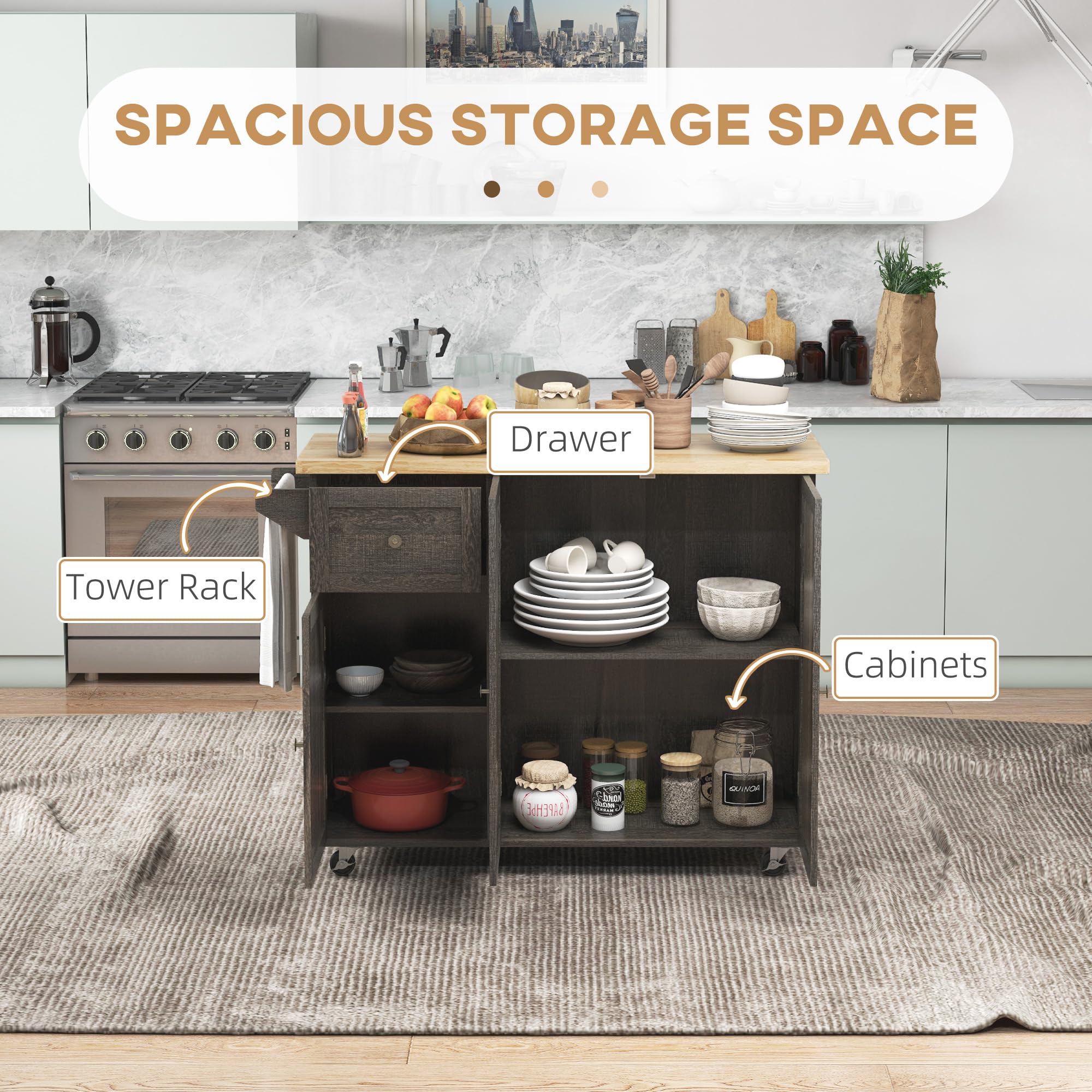 HOMCOM Triple-Cabinet Rolling Kitchen Island with Adjustable Storage Shelf, Wood Top & Towel Rack - Mobile Utility Cart with Large Drawer in Distressed Brown for Small Kitchens, Apartments & Food Prep Stations