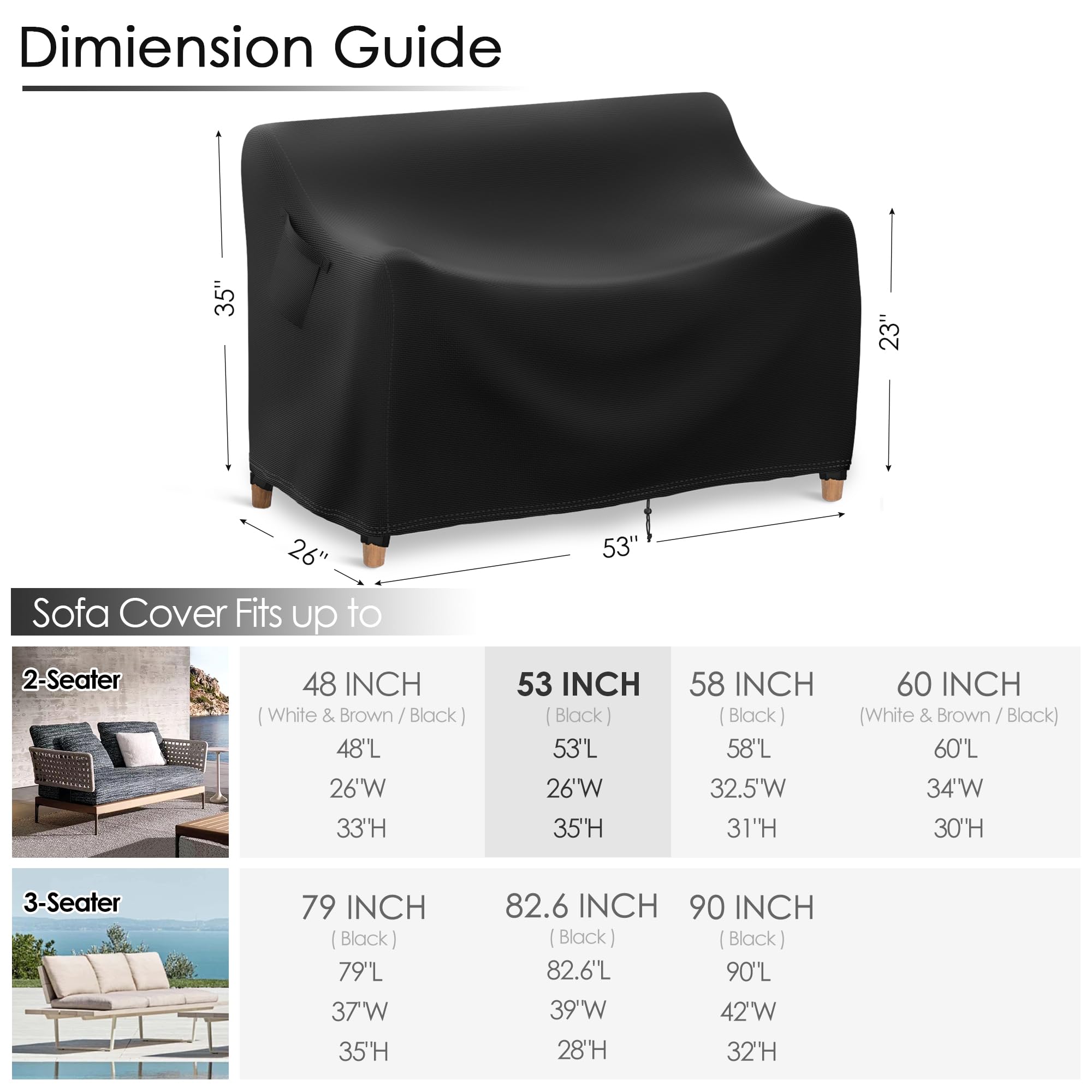Heavy Duty 900D Waterproof Outdoor Furniture Cover - Patio Sofa, Loveseat, 2-Seater Bench & Table Protector with Air Vents & Handles (53