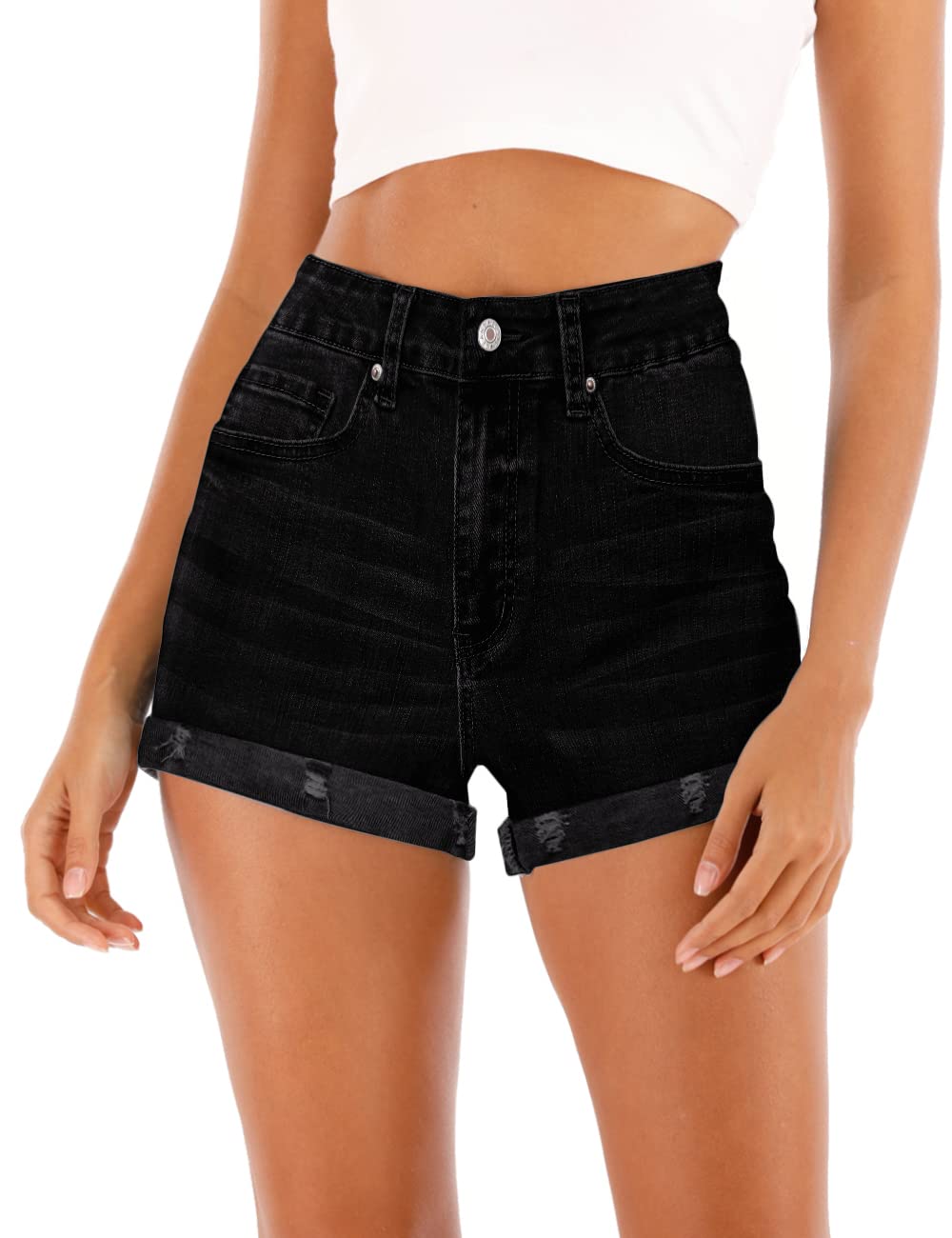 Cuihur Women's High Waisted Stretch Denim Shorts - Ripped & Folded Hem Casual Jeans Shorts for Summer Outfits, Beach & Street Style