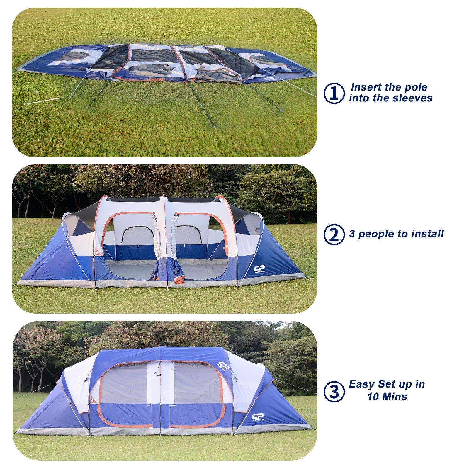 CAMPROS CP Tent 12 Person Camping Tent - 2 Room Family Cabin Tent with 6 Large Mesh Windows | Weather Resistant, Double Layer Design & Room Divider Curtain | Portable with Carry Bag | Perfect for Family Camping, Outdoor Adventures & Backpacking Trips