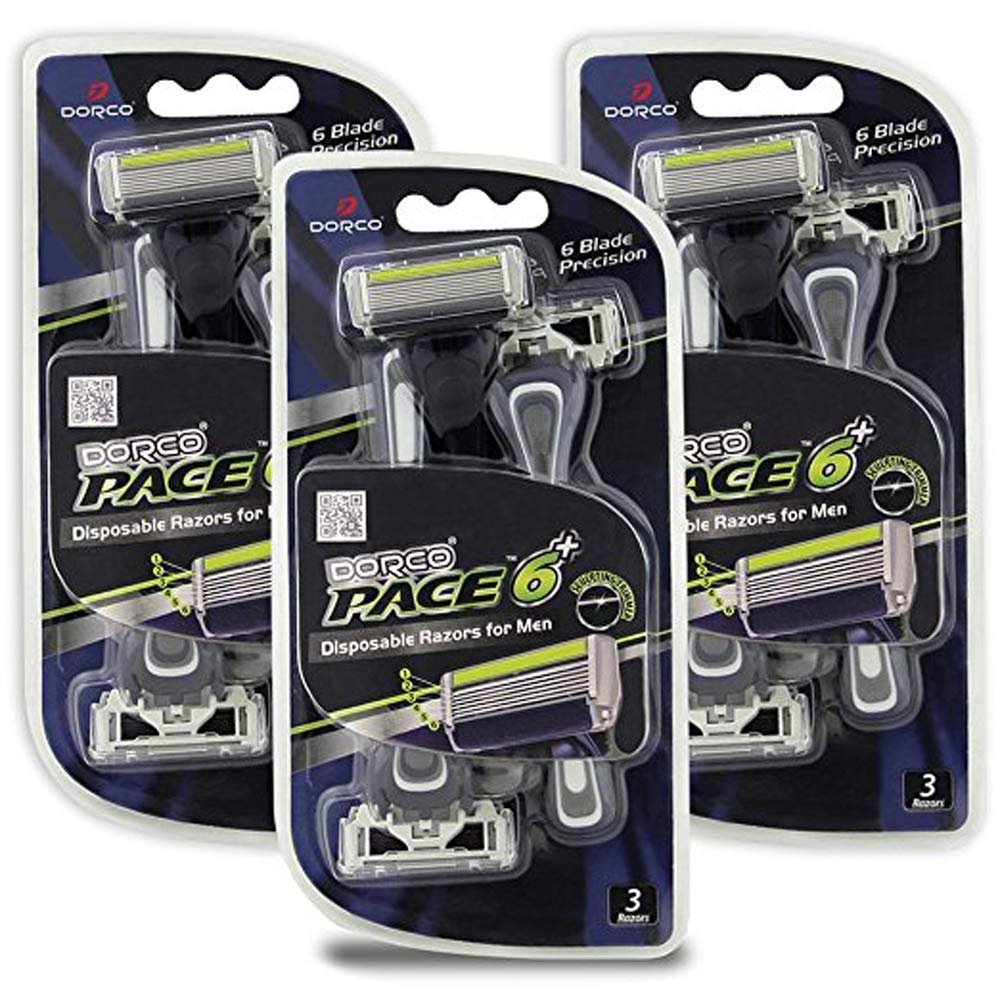 Dorco Pace 6 Plus 6-Blade Disposable Razors with Precision Trimmer - 9 Count Value Pack for Men - Ultra Smooth Shaving for Face, Body & Travel - Hypoallergenic Razor Blades with Lubricating Strip