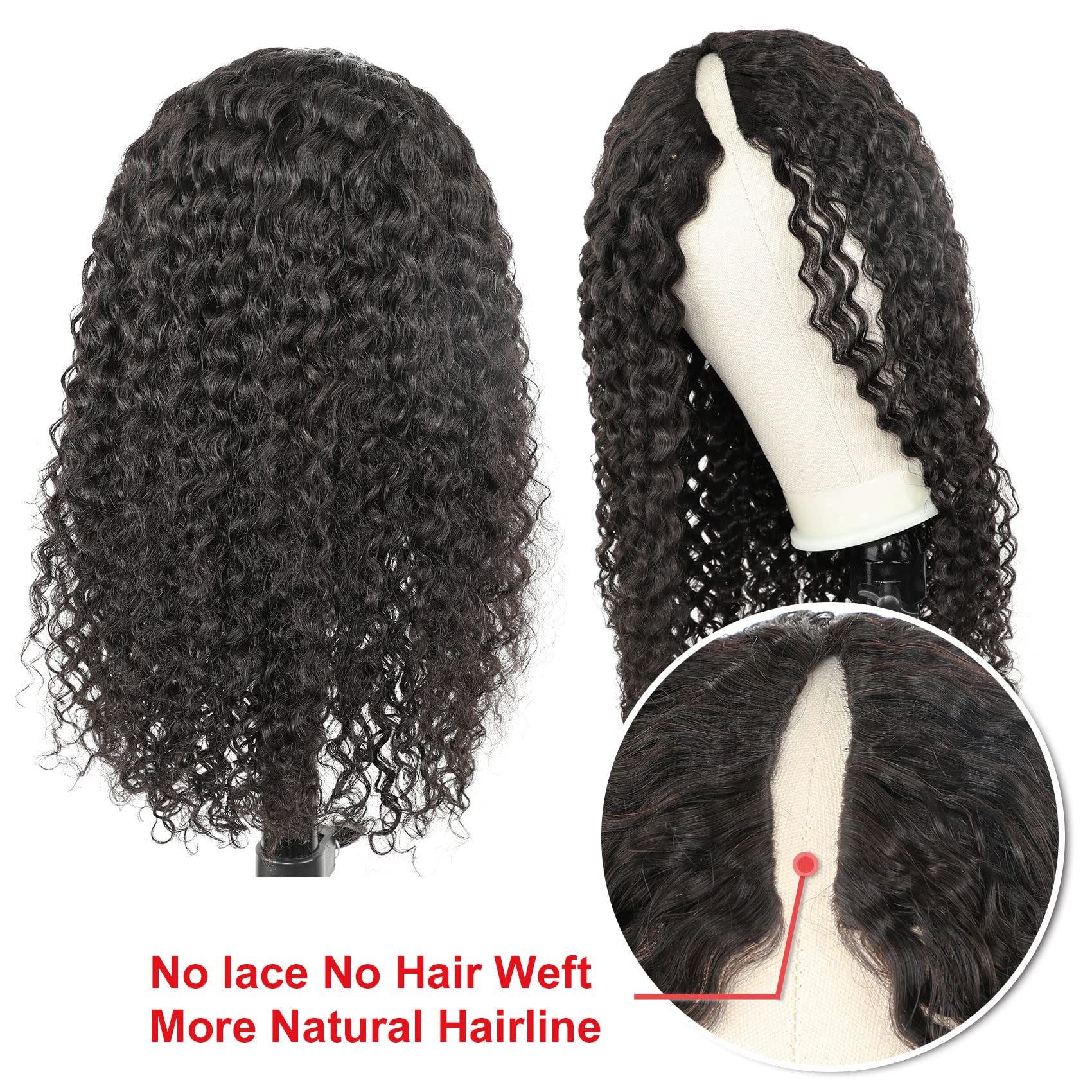 V SHOW 20 Inch V Part Deep Wave Human Hair Wigs - Glueless No Leave Out Curly Wave U Part Wig 150% Density (Natural Black) for Women | Perfect for Daily Wear, Parties & Special Occasions