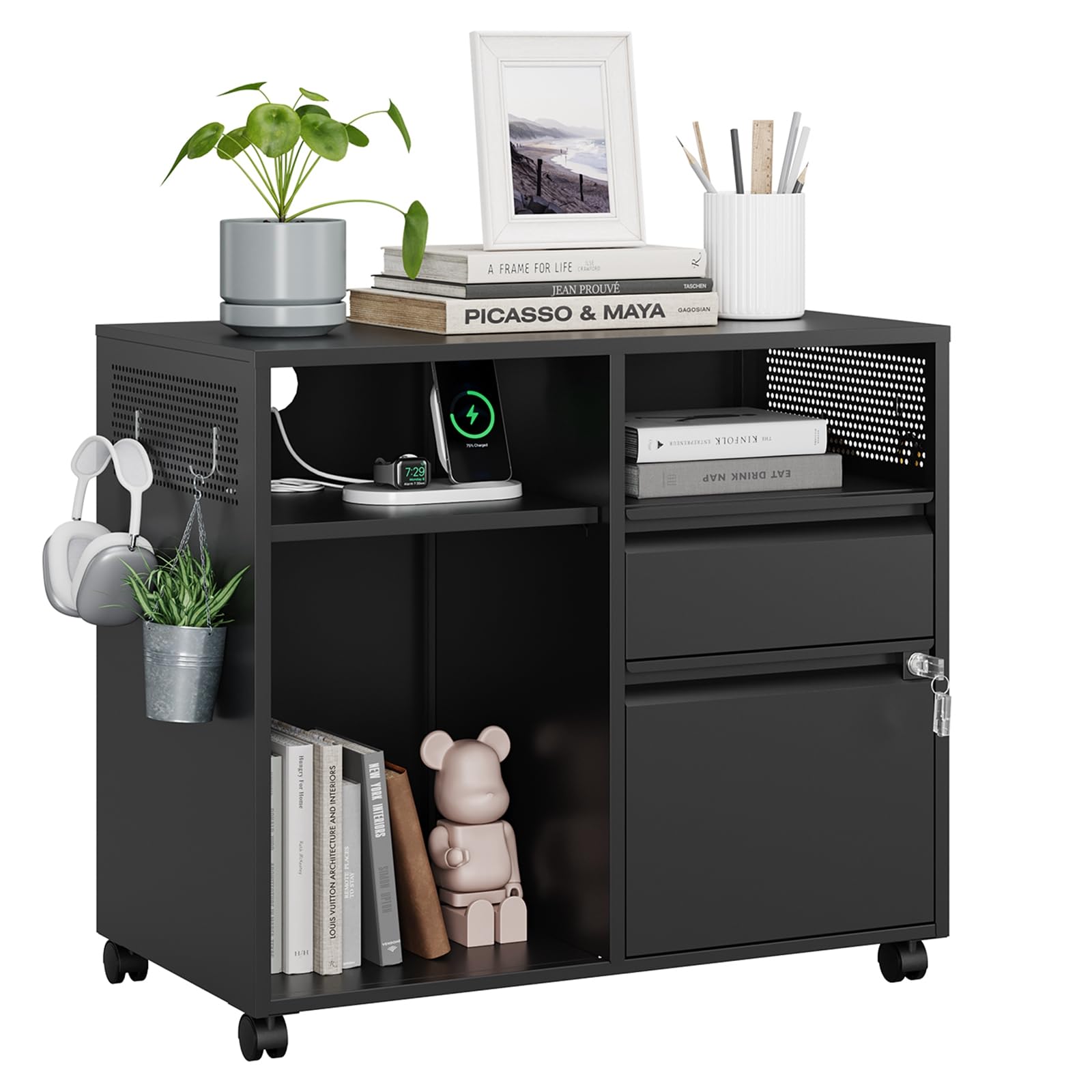 MIIIKO 2 Drawer Mobile File Cabinet with Open Storage Shelves & Lock - Rolling Home Office Organizer for A4, Letter Size Folders & Printer Stand - Perfect for Small Spaces & Office Storage Solutions
