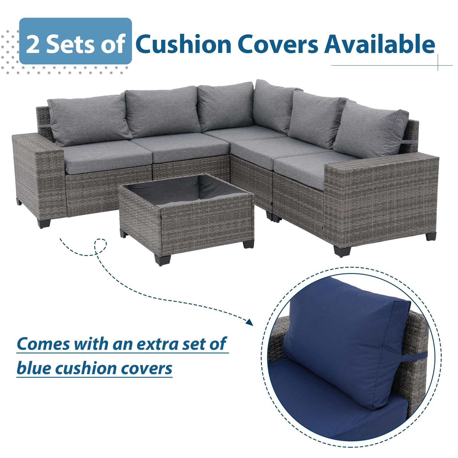 JOIVI 6-Piece Patio Furniture Set with Coffee Table - Flexible Wicker Outdoor Sofa & Cushion Covers - Perfect for Backyard, Garden, Poolside & Family Gatherings - Grey Weather-Resistant Furniture