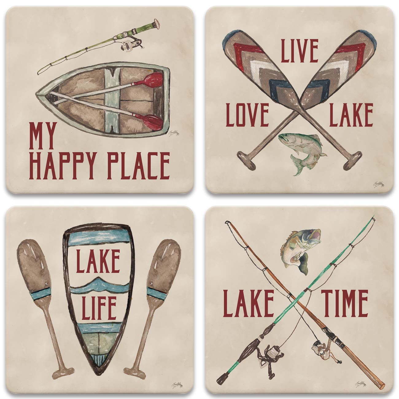 CoasterStone Drink Coasters Set - 4.25 Inch Round Absorbent Stone Coasters for Glasses & Mugs - Happy Lake Design - Perfect for Home, Office, Bar & Outdoor Use