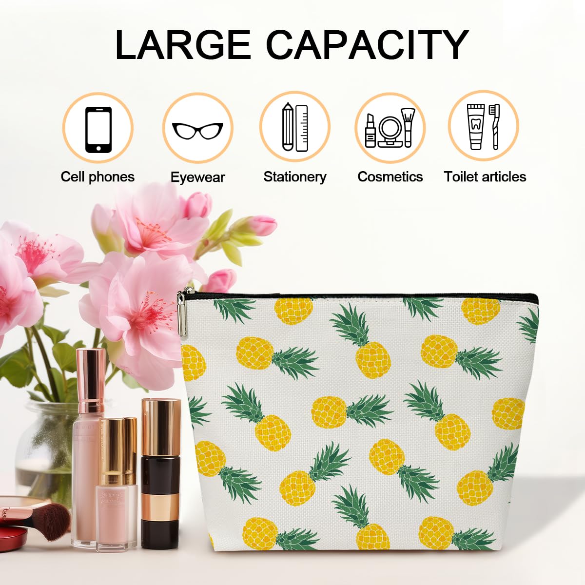 Pineapple Makeup Bag for Women - Small Aesthetic Cosmetic Pouch, Travel Toiletry Bag & Skincare Organizer - Perfect for Purse, Gym, Vacation & Everyday Use (JRM625)