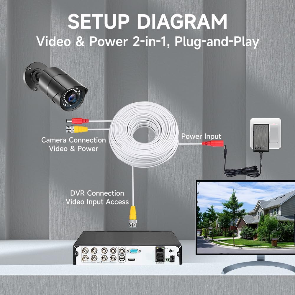 4 Pack 100ft/30M All-in-One BNC Video Power Cables for CCTV Security Camera System - 8 BNC Connectors & 100 Cable Clips Included - Perfect for DVR Installation & Surveillance Setup (Indoor/Outdoor Use)