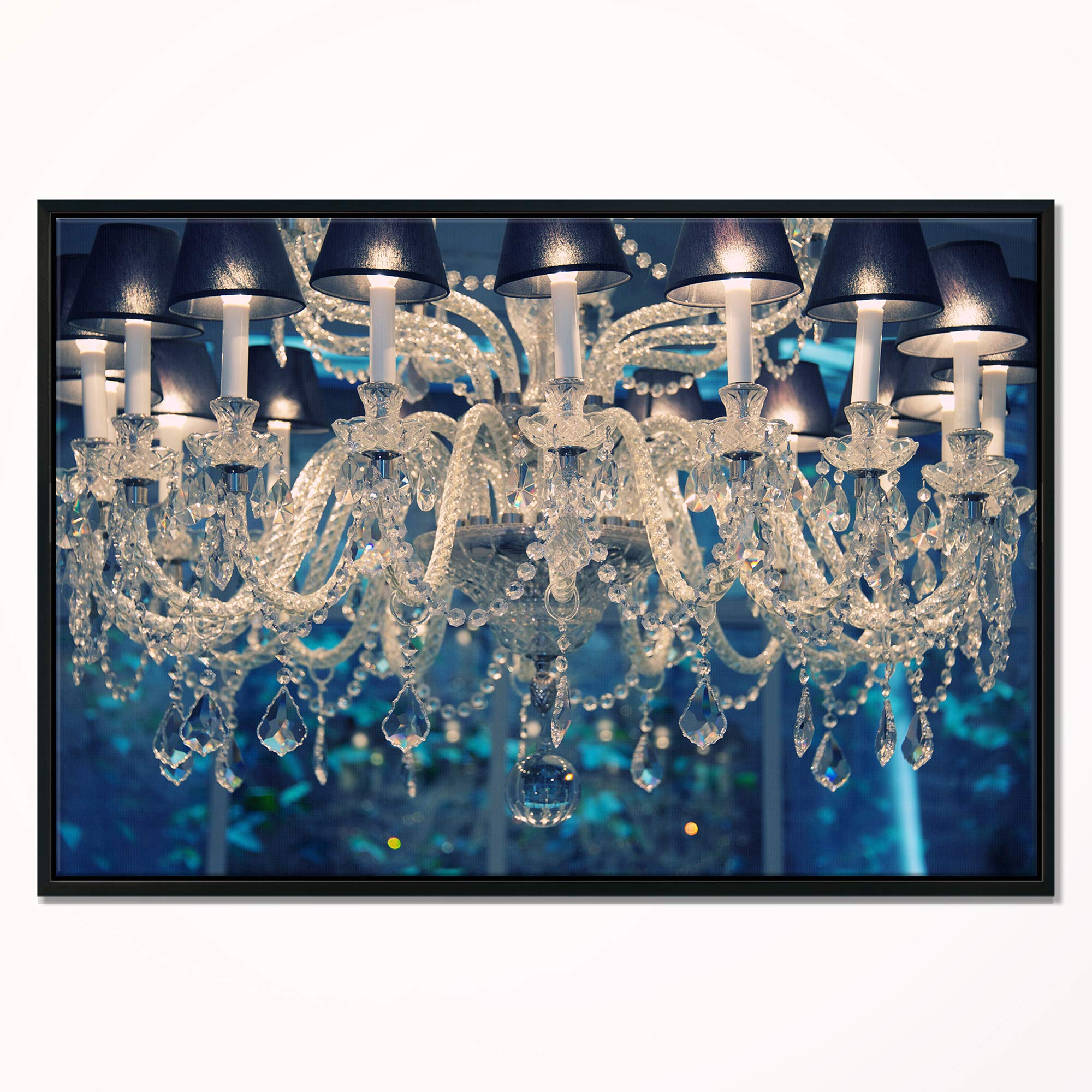 DesignArt Blue Vintage Crystal Chandelier - Floral Artwork Framed Canvas Wall Decor for Living Room, Bedroom & Dining Room