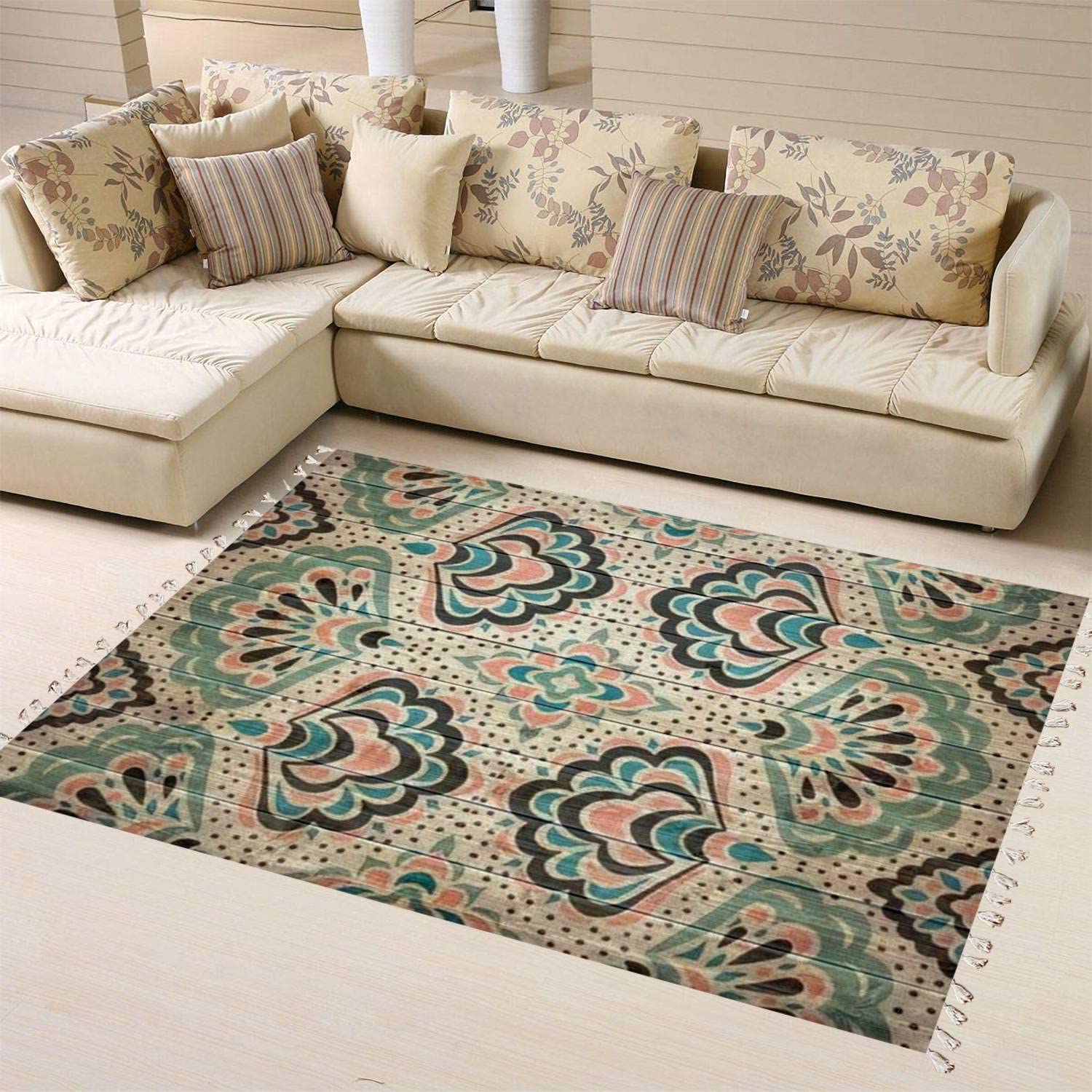 Boho Geometric Tribal Ethnic Area Rug - Handmade Linen Carpet with Seamless Stripes for Living Room, Bedroom, Patio & Hallway - Minimalist Home Decor for Bohemian, Scandinavian & Modern Interiors