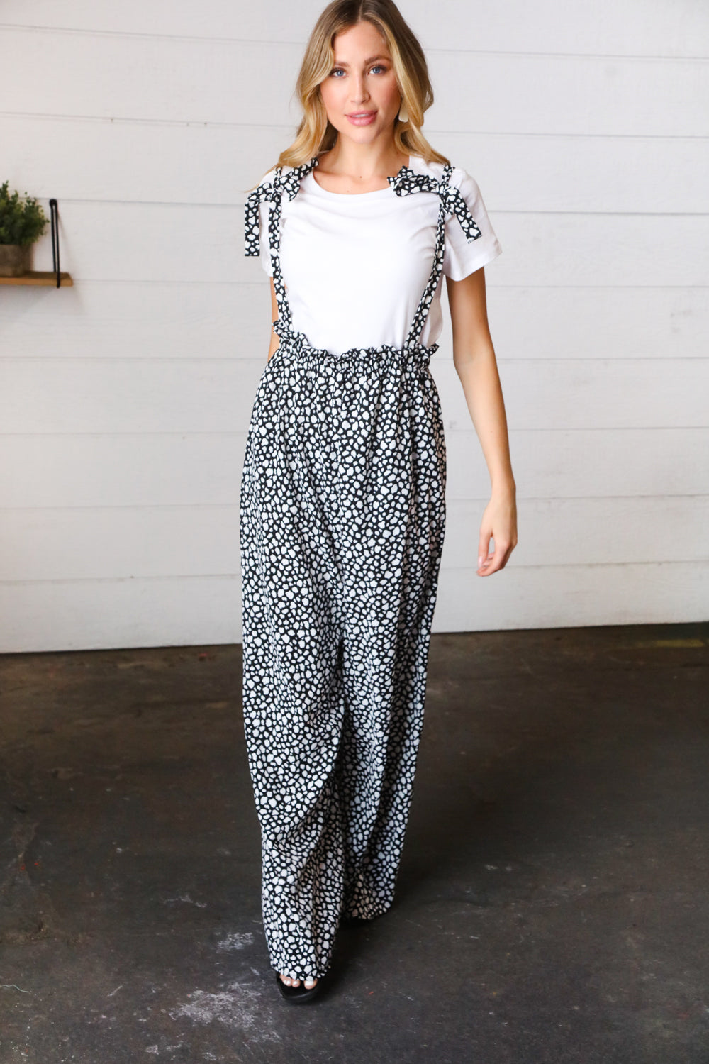 Black and White Animal Print Wide Leg Frilled Jumpsuit for Women - Stylish Party Outfit, Casual Wear & Fashion Statement