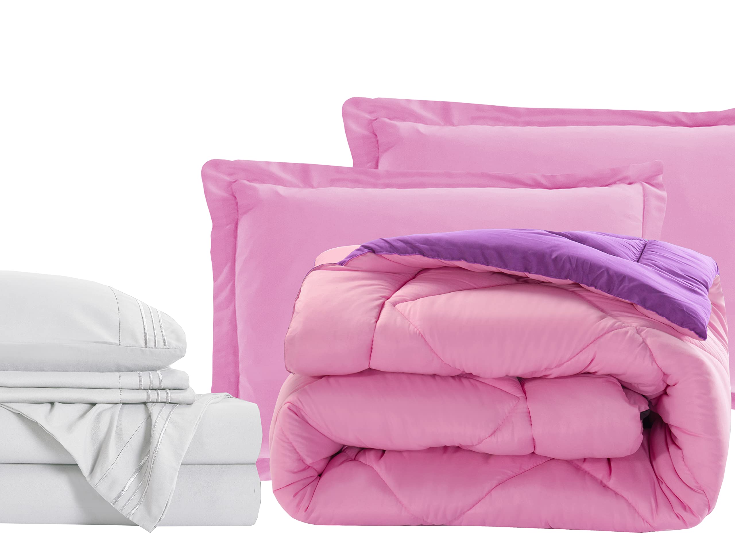 Luxury 7-Piece Twin Size Bed in a Bag Set - 1500 Thread Count Comforter & Sheet Collection, Ultra Soft, Wrinkle & Stain Resistant, Pink & Purple - Perfect for Guest Rooms, Dorms & Cozy Bedrooms