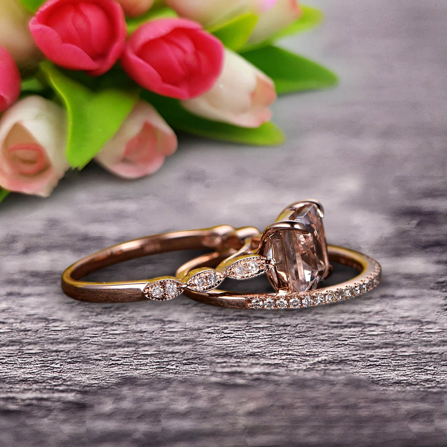 1.50 Carat Princess Cut Morganite 10k Rose Gold Engagement Ring & Wedding Band Set - Vintage Art Deco Stackable Bridal Jewelry for Proposals, Anniversaries & Special Occasions