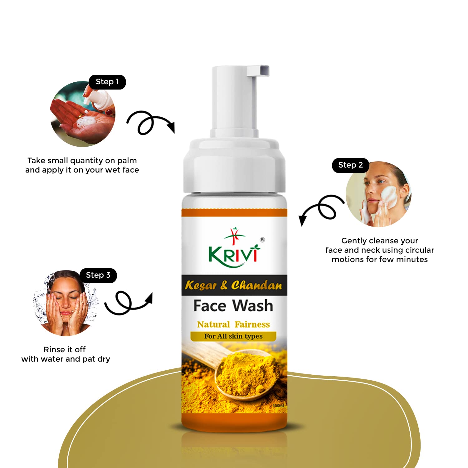 KRIVI Kesar & Chandan Face Wash with Saffron, Sandalwood Oil, Vitamin E, Tea Tree Oil & Vitamin B5 - Paraben Free 150ml for Natural Glow & Brightening | Daily Skincare for Oily, Dry & Combination Skin